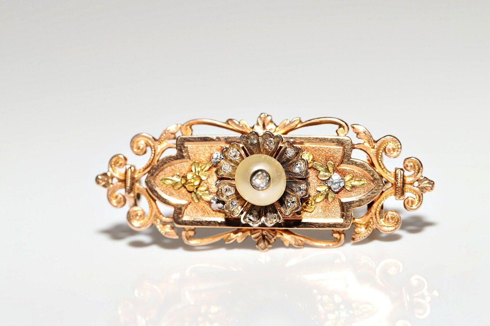Antique Circa 1900s Handcrafted 18k Gold Natural Diamond And Pearl Brooch For Sale 3