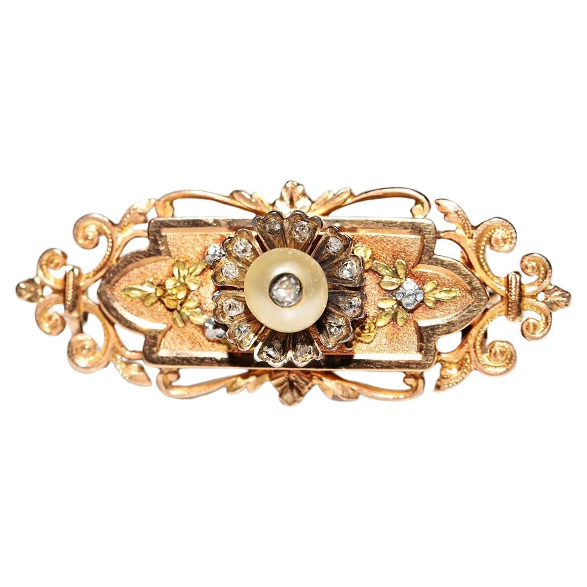 Antique Circa 1900s Handcrafted 18k Gold Natural Diamond And Pearl Brooch