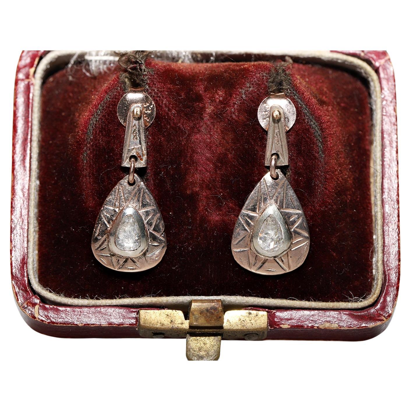 Antique Victorian Circa 1900s 8k Gold Natural Rose Cut Diamond Drop Earring For Sale