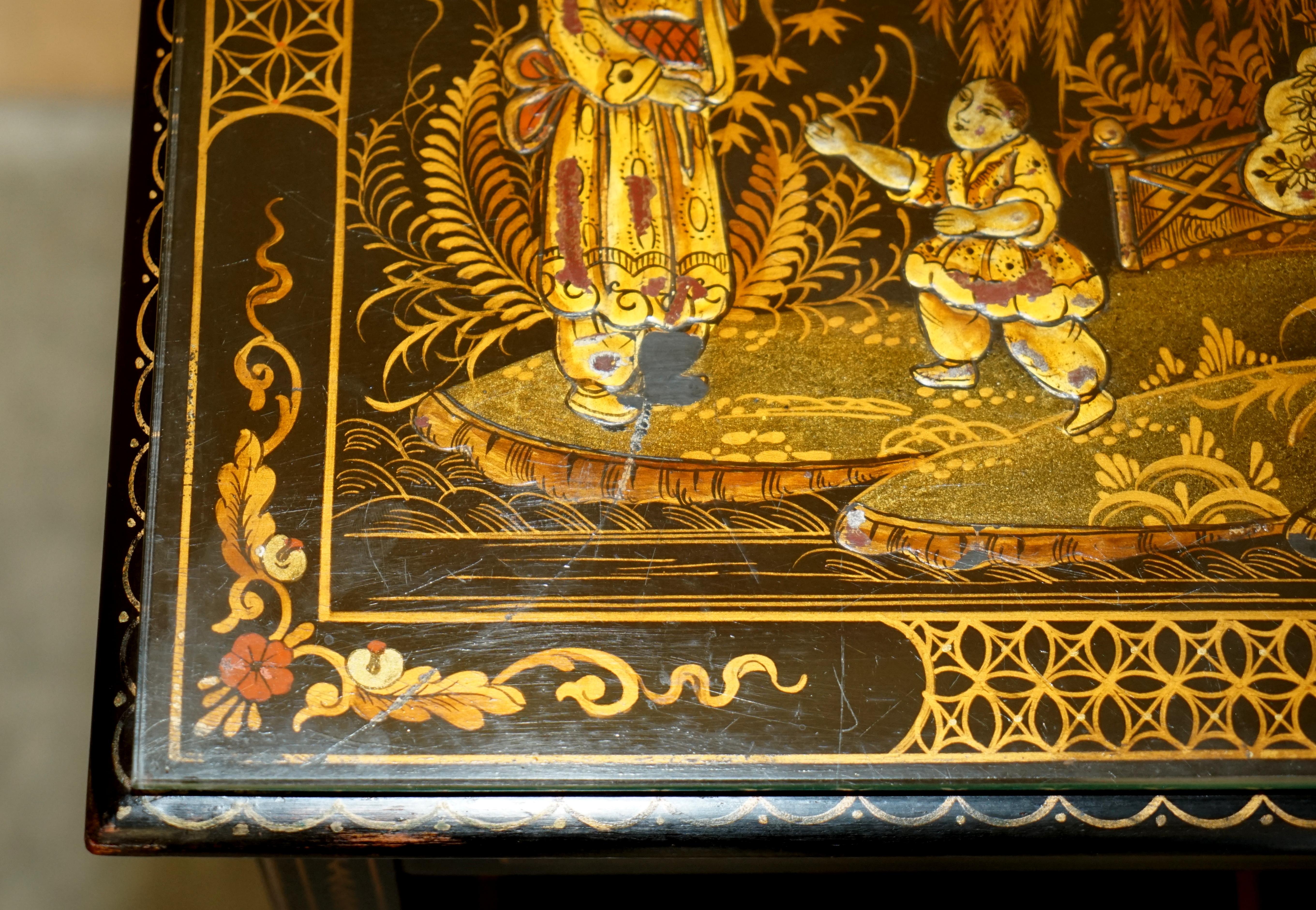 Antique Edwardian circa 1910 Chinese Chinoiserie Lacquered Side End Lamp Table For Sale 14