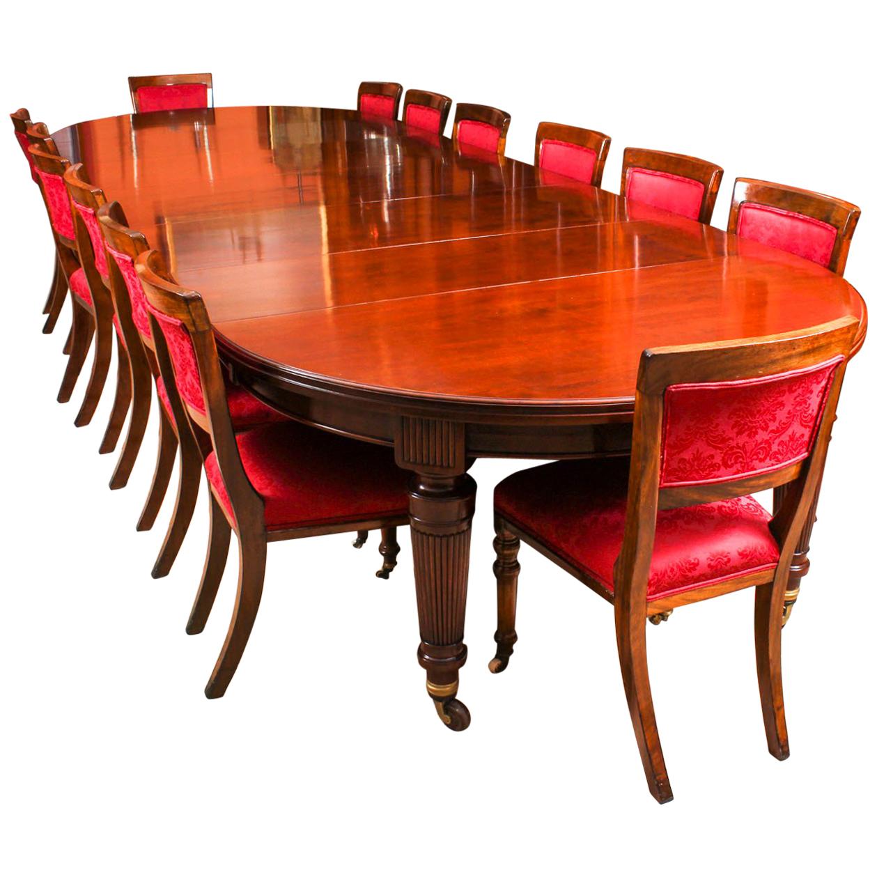 Antique Victorian Circular Extending Dining Table and 14 Chairs, 19th Century