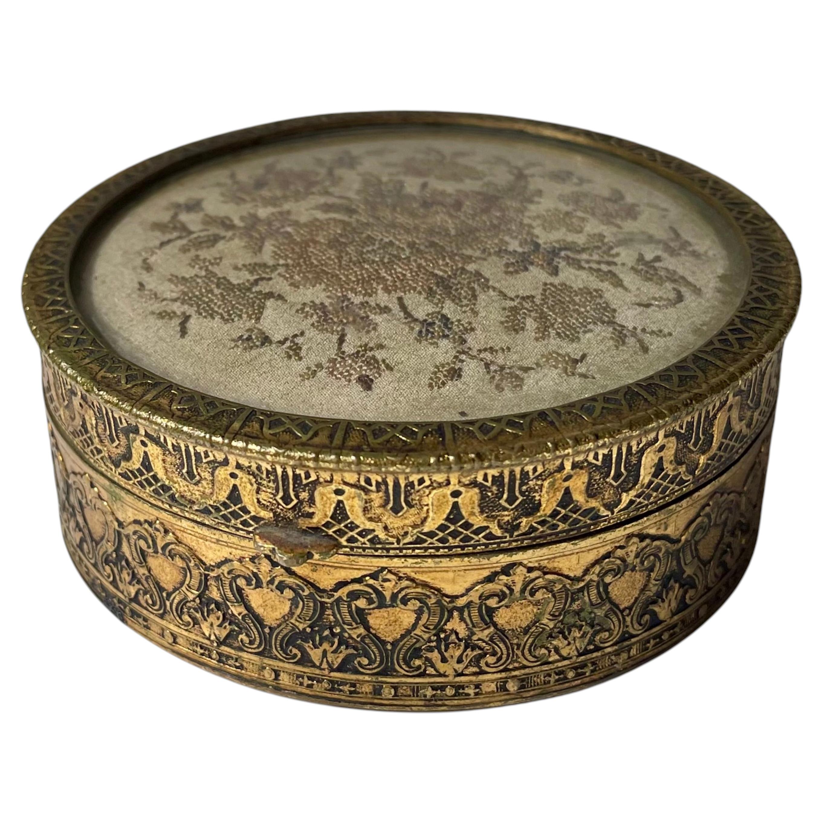 Antique Victorian Circular Jar or Trinket in Gilt Bronze & Embroidery