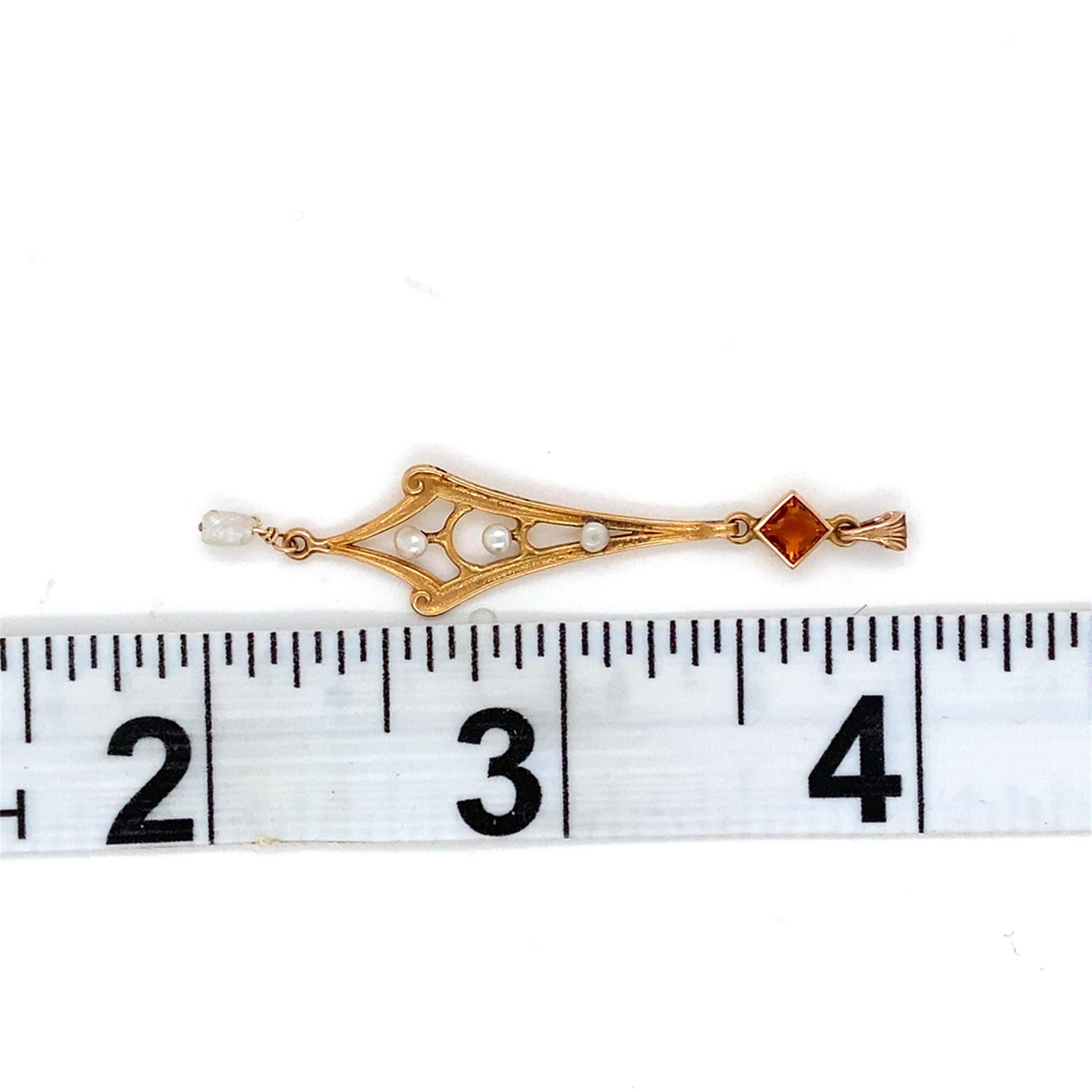 Square Cut Antique Victorian Citrine and Pearl Lavaliere in 14 Karat Yellow Gold For Sale