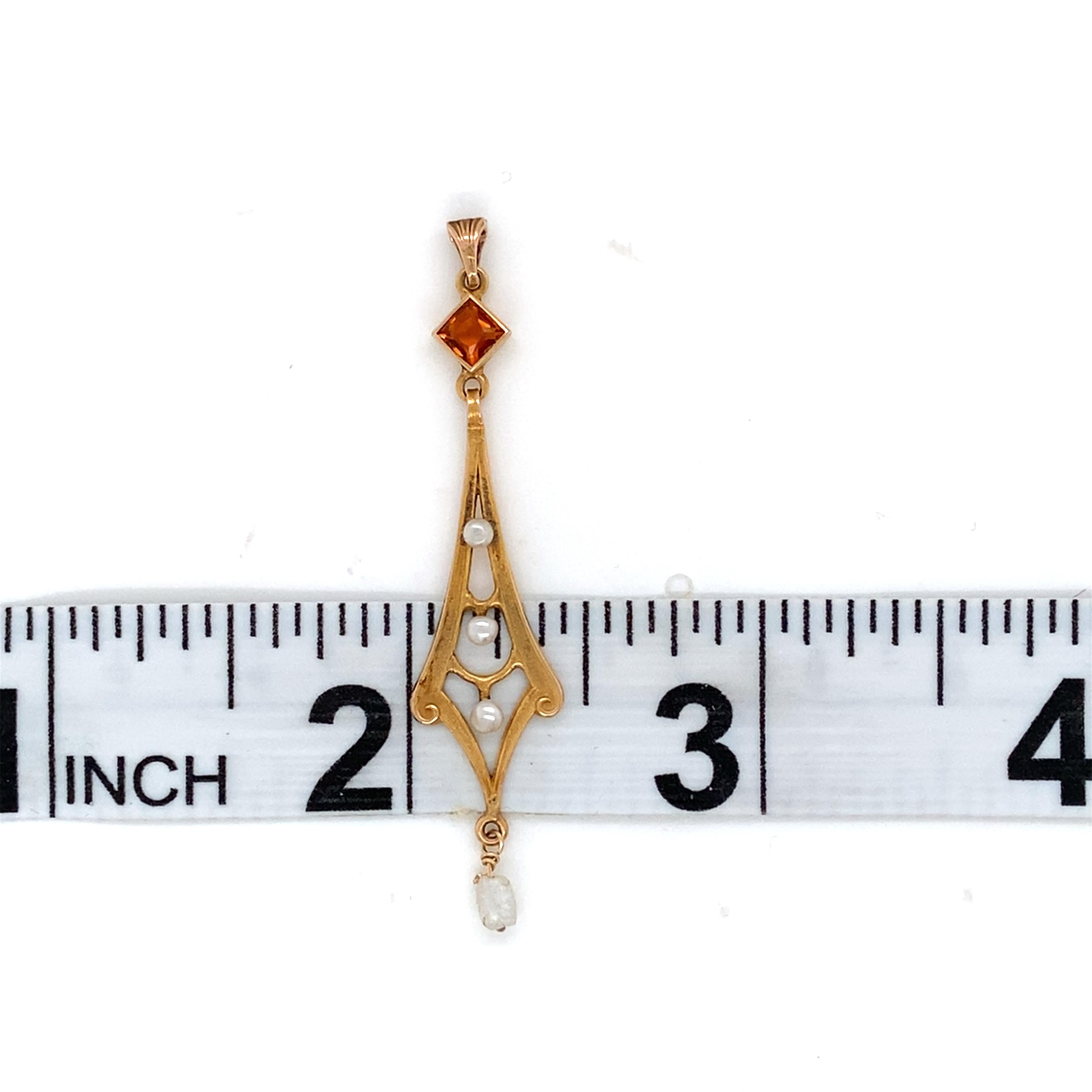 Antique Victorian Citrine and Pearl Lavaliere in 14 Karat Yellow Gold In Good Condition For Sale In Towson, MD