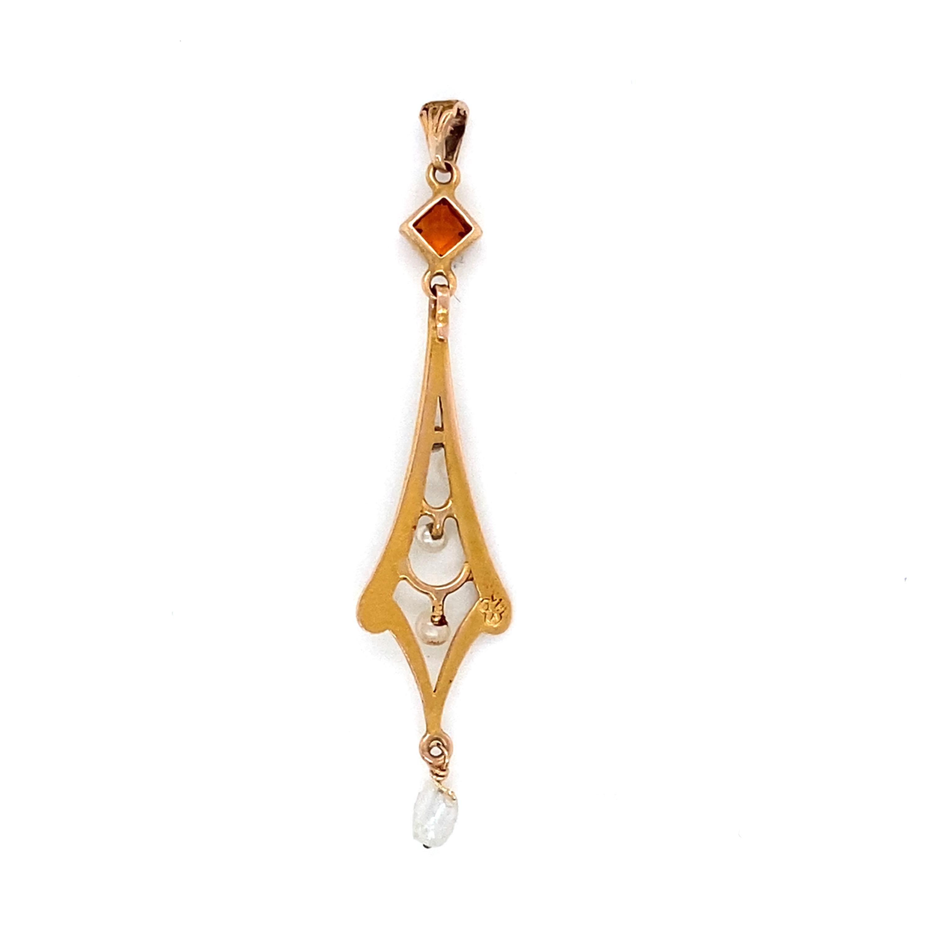 Women's or Men's Antique Victorian Citrine and Pearl Lavaliere in 14 Karat Yellow Gold For Sale