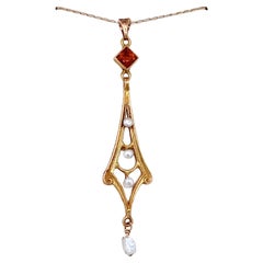 Antique Victorian Citrine and Pearl Lavaliere in 14 Karat Yellow Gold