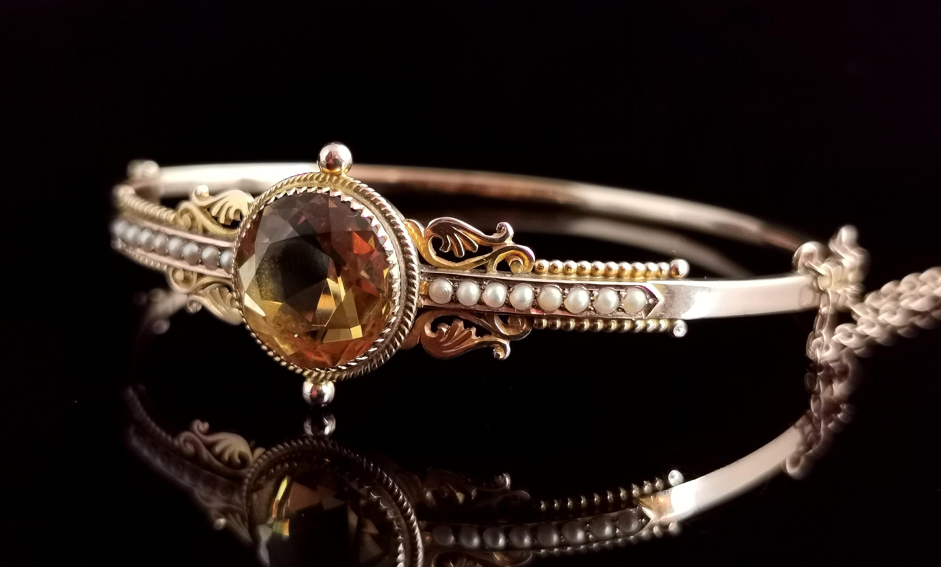 Round Cut Antique Victorian Citrine and Seed Pearl Bangle, 9 Karat Yellow Gold