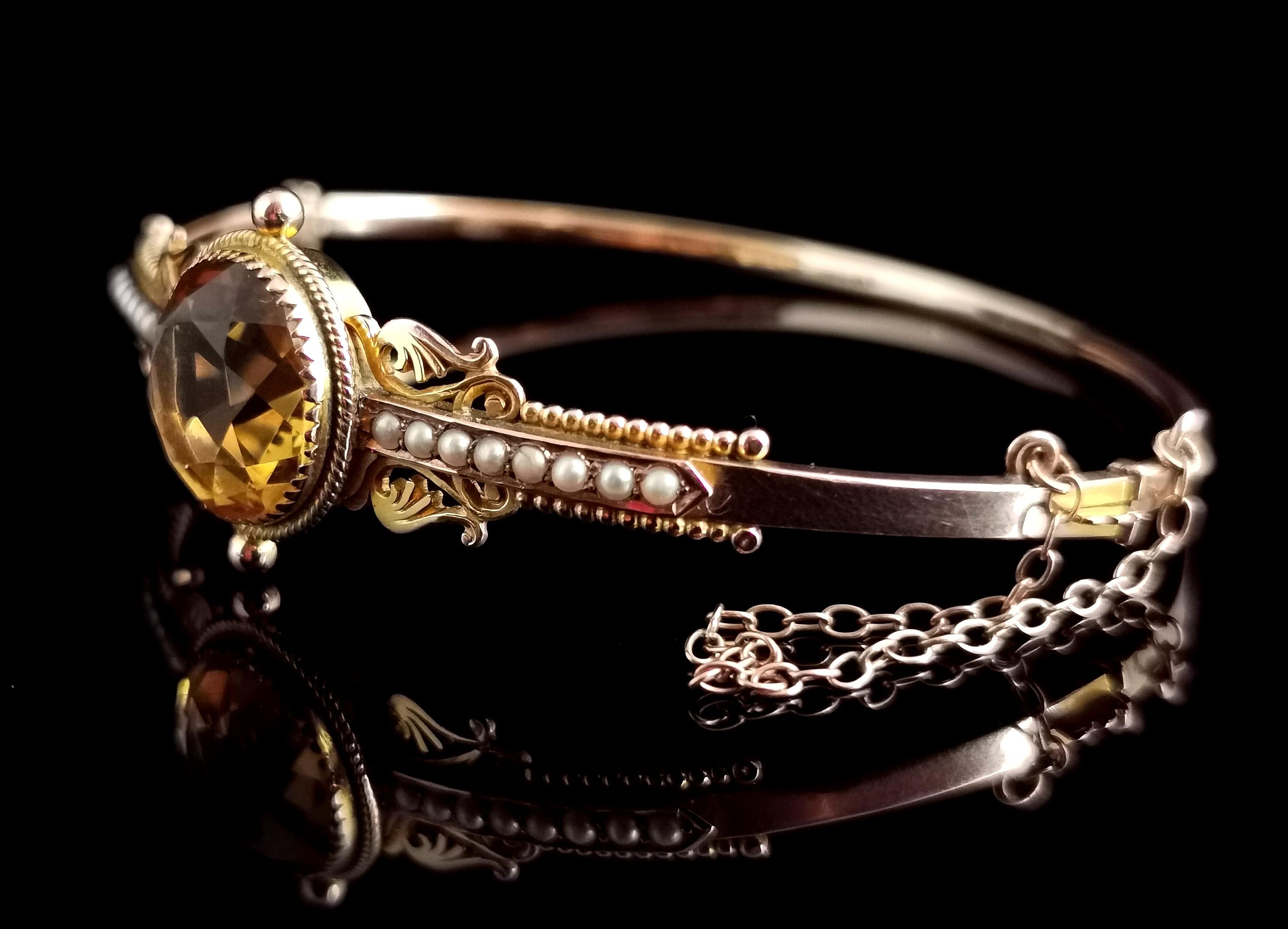 Antique Victorian Citrine and Seed Pearl Bangle, 9 Karat Yellow Gold 1
