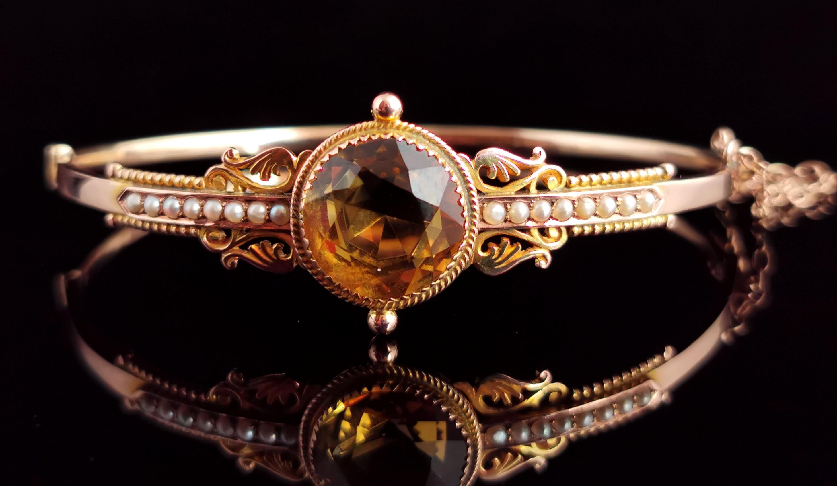 Antique Victorian Citrine and Seed Pearl Bangle, 9 Karat Yellow Gold 2