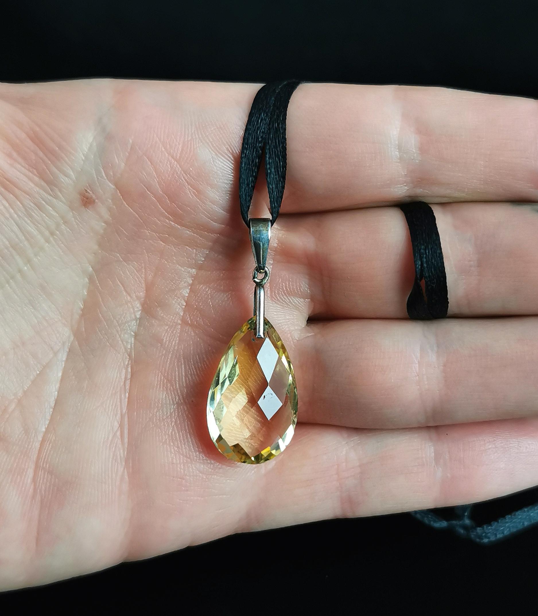 Antiker viktorianischer Citrin-Briolette-Anhänger aus Sterlingsilber 3