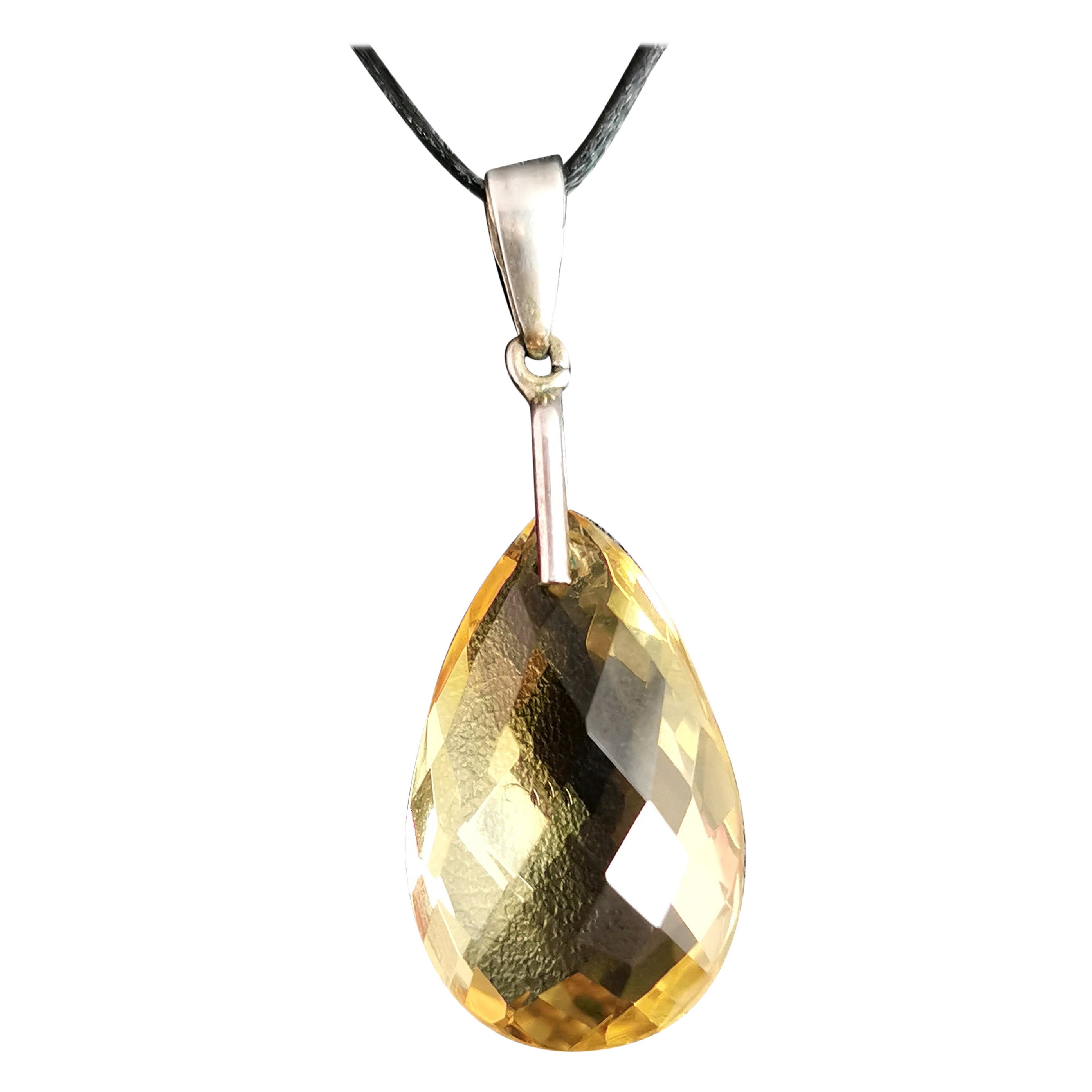 Antiker viktorianischer Citrin-Briolette-Anhänger aus Sterlingsilber