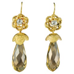 Antique Victorian Citrine Diamond Drop Earrings in 18 Carat Gold