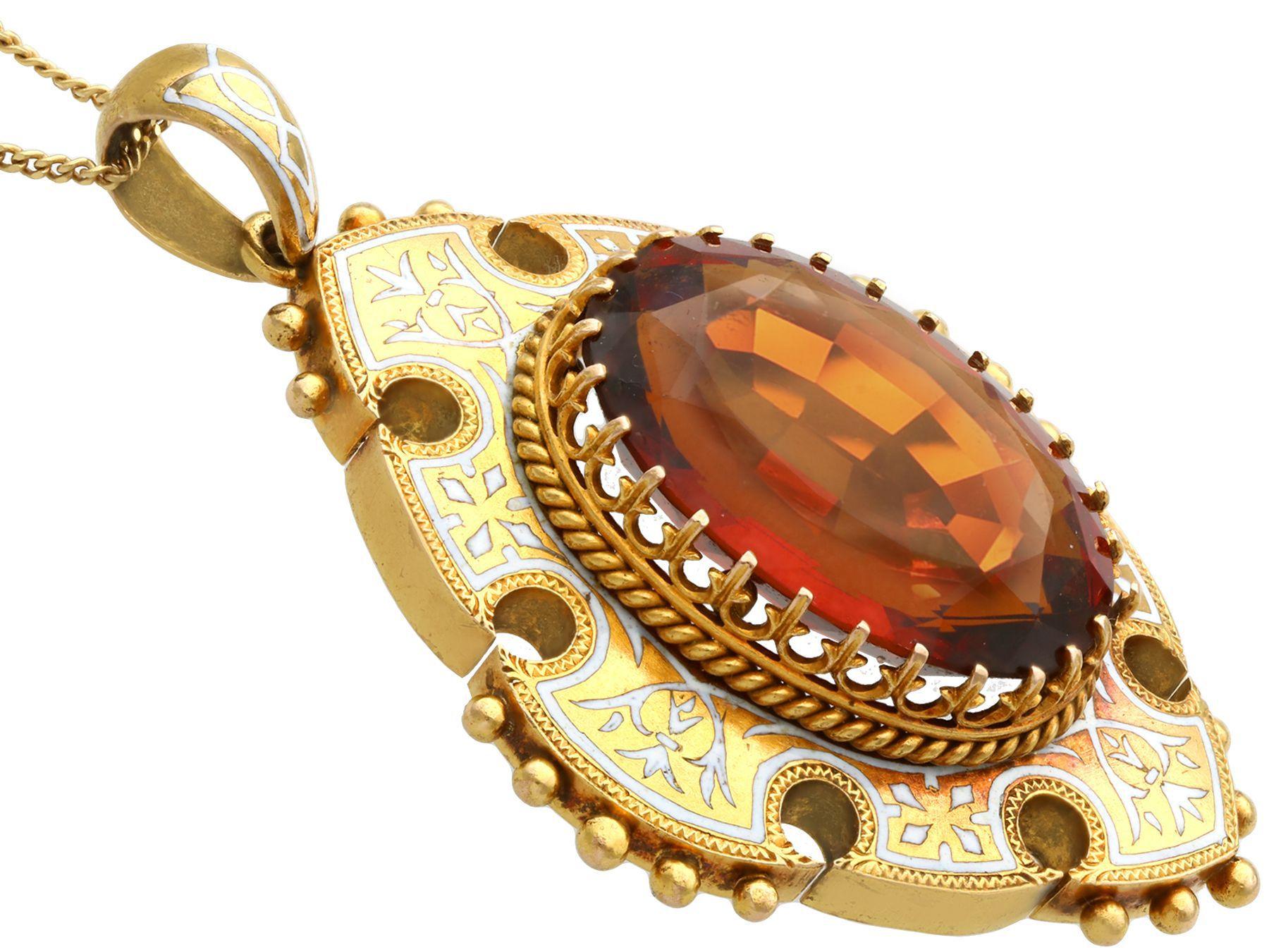 Oval Cut Antique Victorian Citrine Enamel and Yellow Gold Pendant For Sale