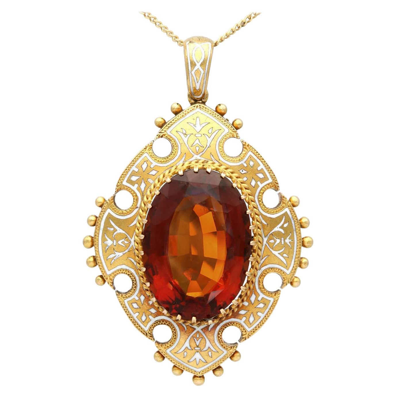 Pendentif victorien ancien en or jaune, émail et citrine