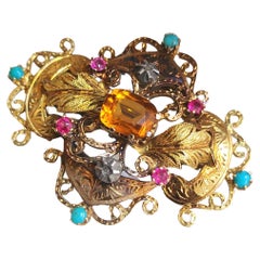 Antique Victorian Citrine And Gem Stones 18k Gold Brooch