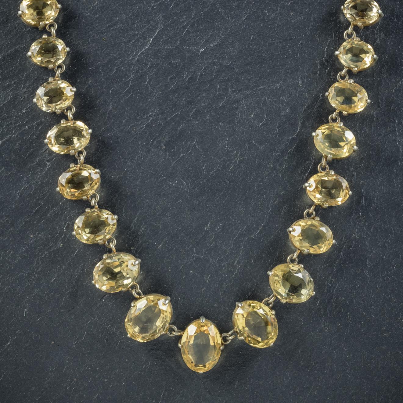 This spectacular antique Citrine Necklace was beautifully made during the Victorian era, Circa 1900. 

The fabulous piece is made up of lovely golden Citrine’s which graduate in size and glow with radiant beauty. 

The necklace is set in Gold Gilt
