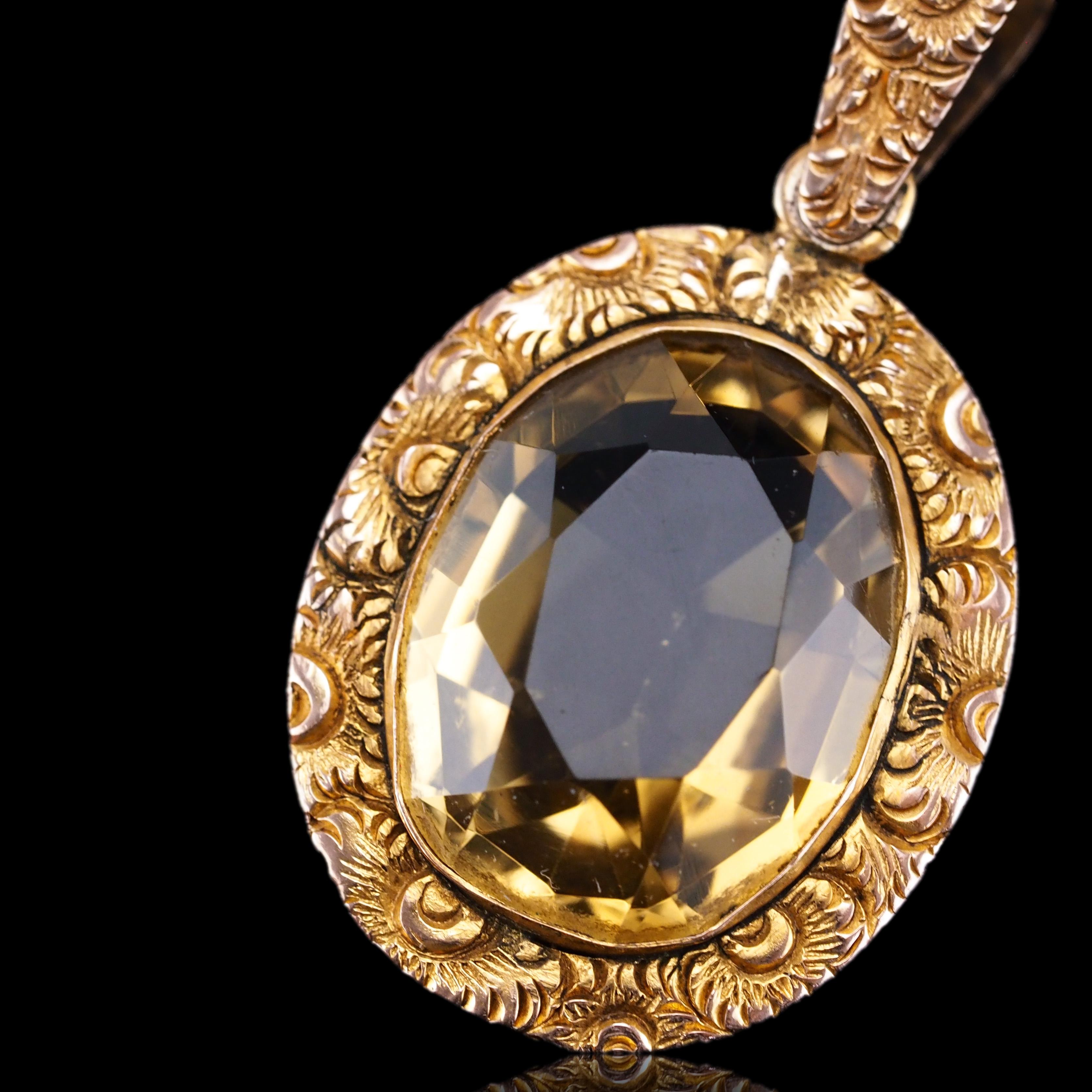 Antique Victorian Citrine Necklace with Chased Floral Pendant 9K Gold c.1850 5