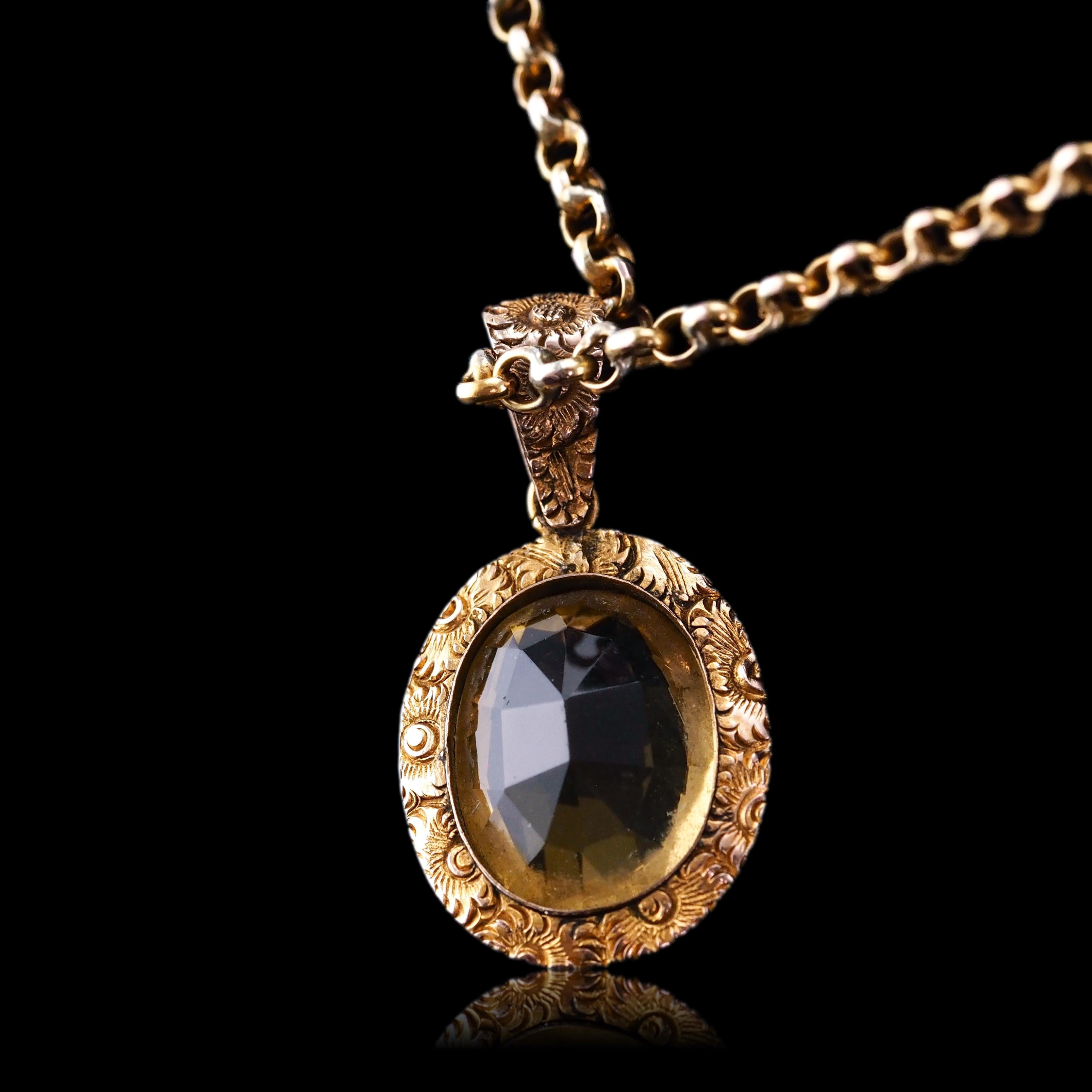 Antique Victorian Citrine Necklace with Chased Floral Pendant 9K Gold c.1850 6