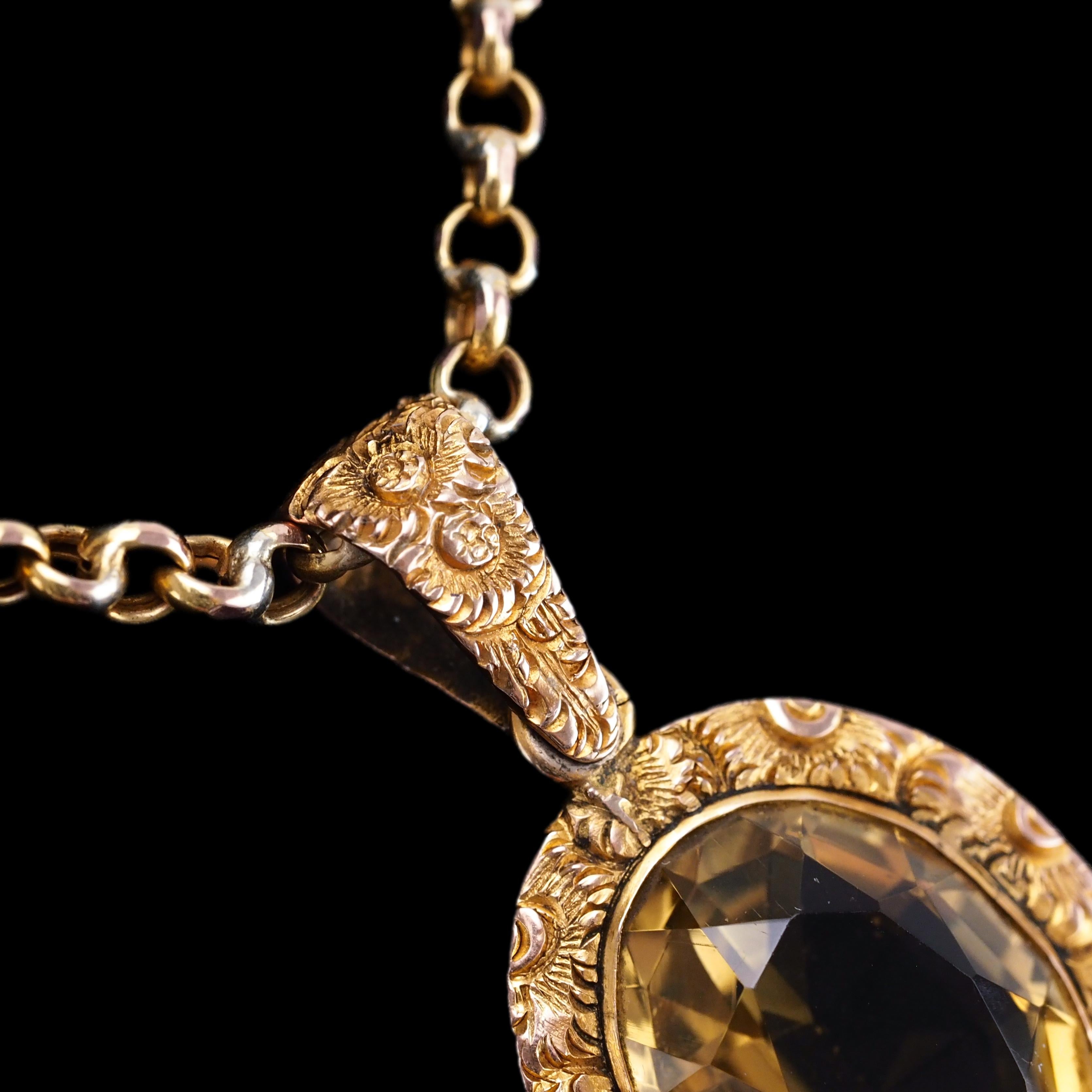 Antique Victorian Citrine Necklace with Chased Floral Pendant 9K Gold c.1850 8