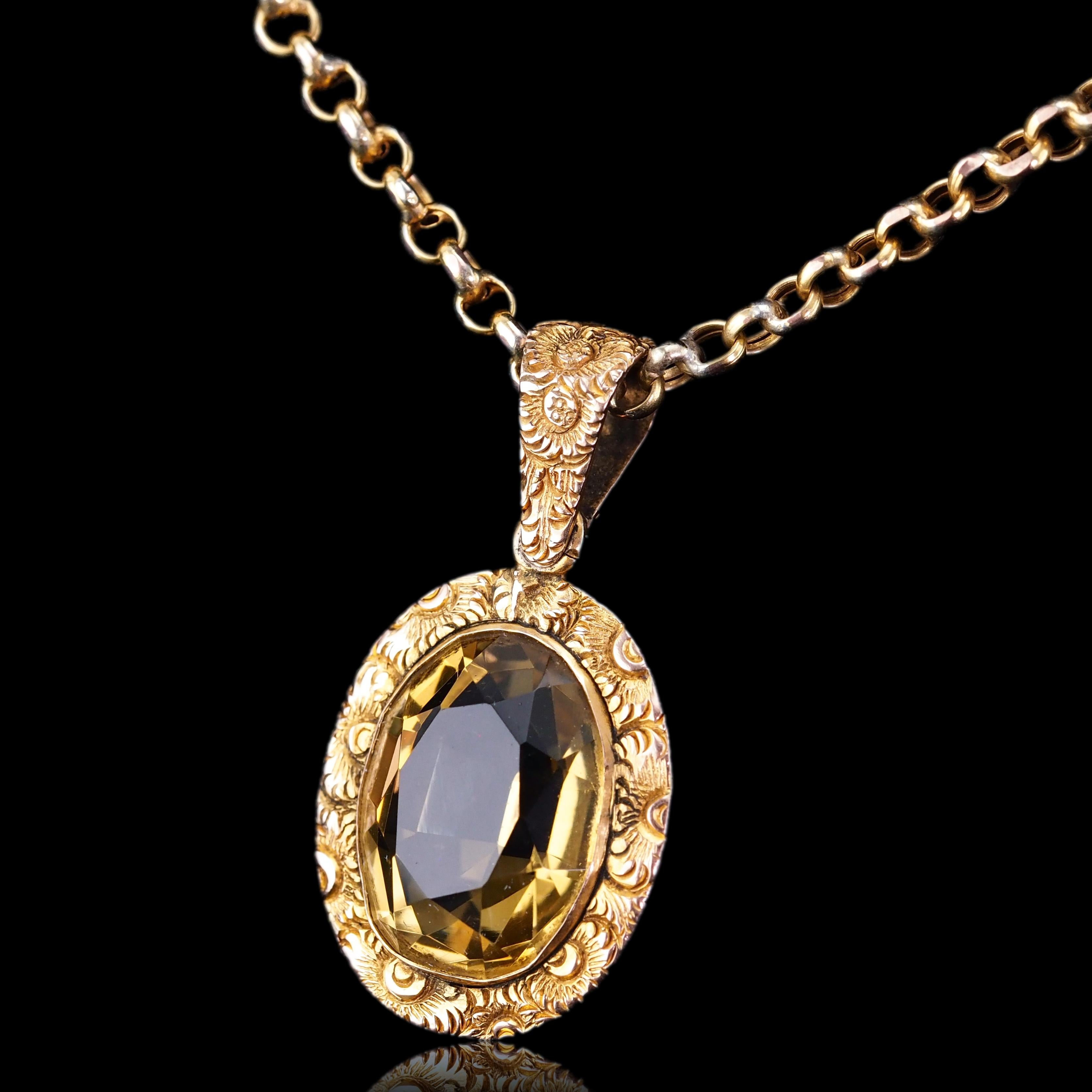 Antique Victorian Citrine Necklace with Chased Floral Pendant 9K Gold c.1850 10