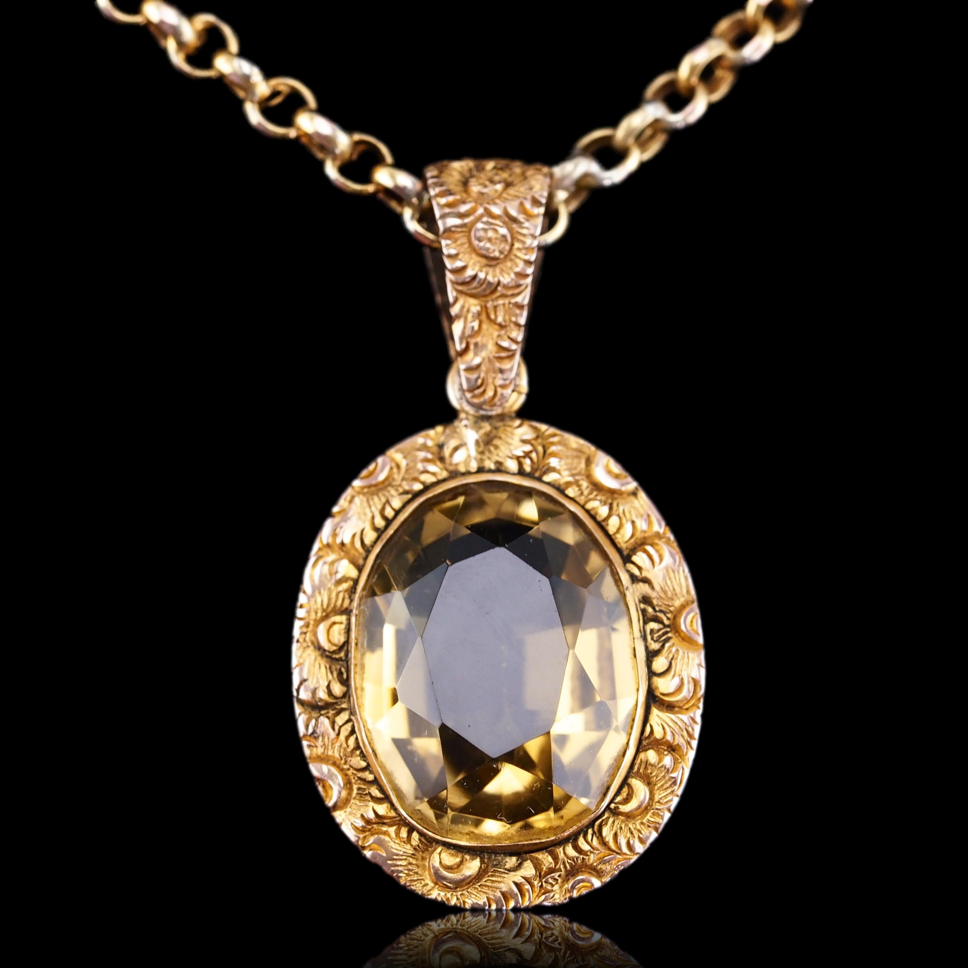 Antique Victorian Citrine Necklace with Chased Floral Pendant 9K Gold c.1850 11