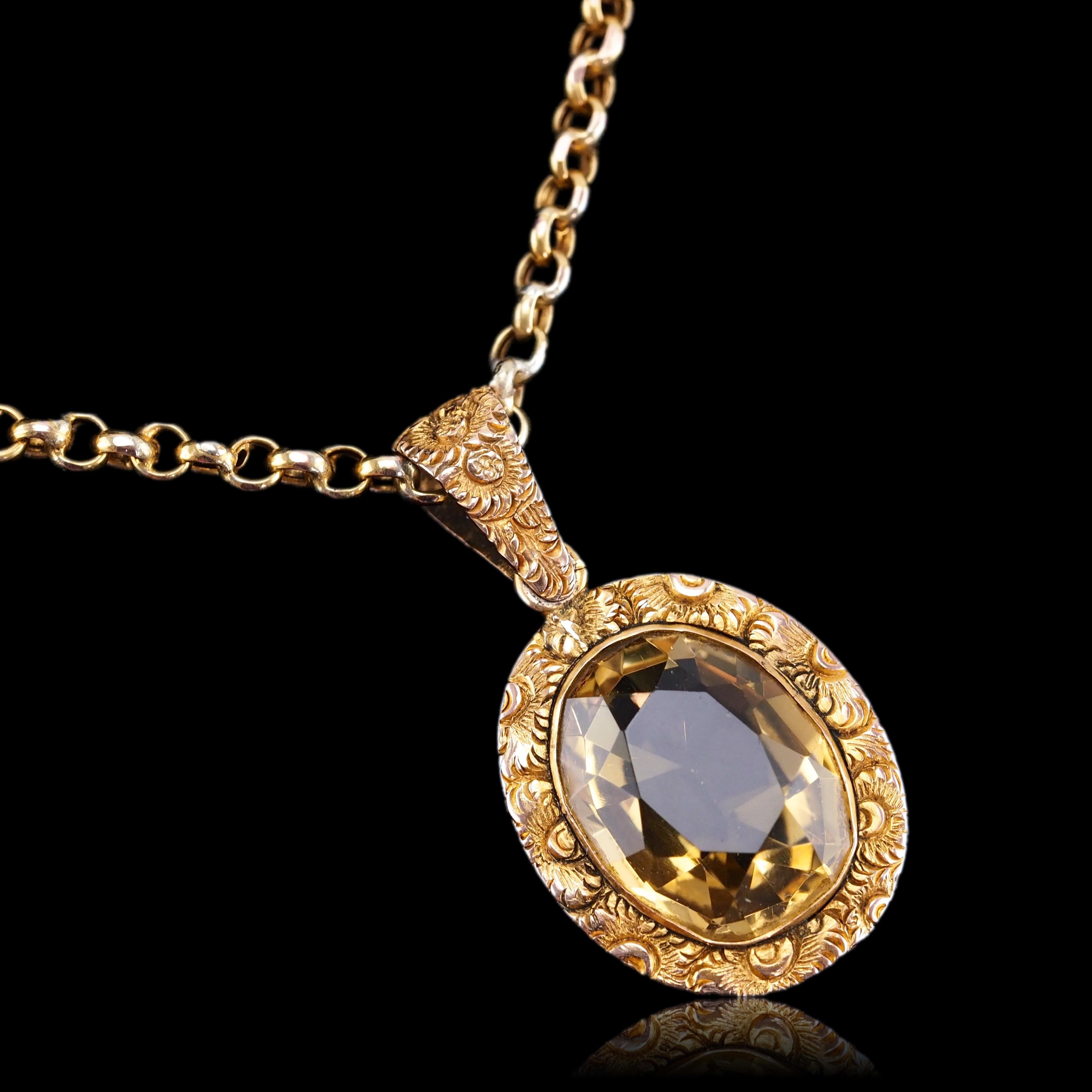 Antique Victorian Citrine Necklace with Chased Floral Pendant 9K Gold c.1850 In Good Condition In London, GB