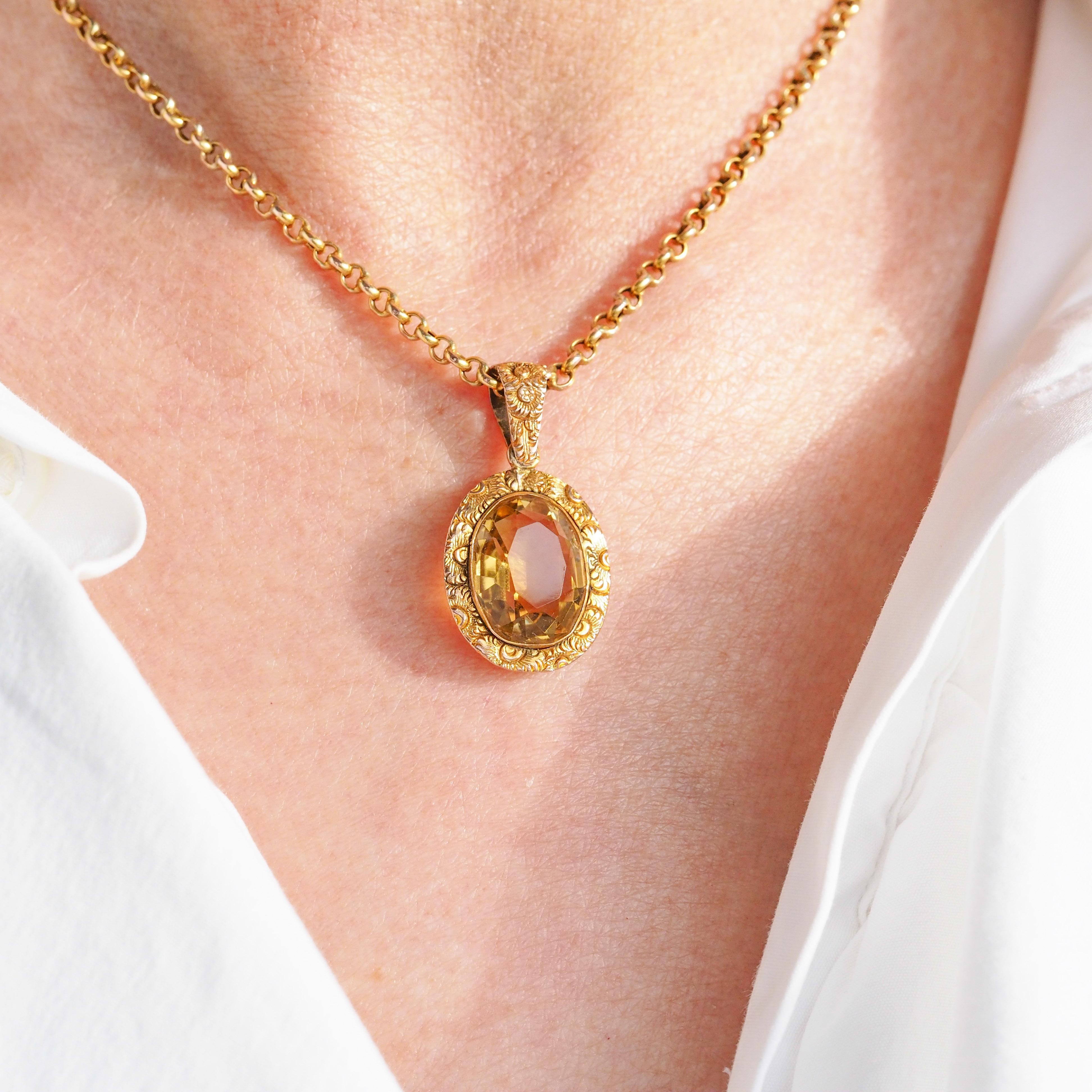 Antique Victorian Citrine Necklace with Chased Floral Pendant 9K Gold c.1850 4