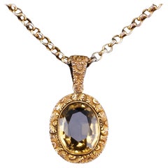 Antique Victorian Citrine Necklace with Chased Floral Pendant 9K Gold c.1850