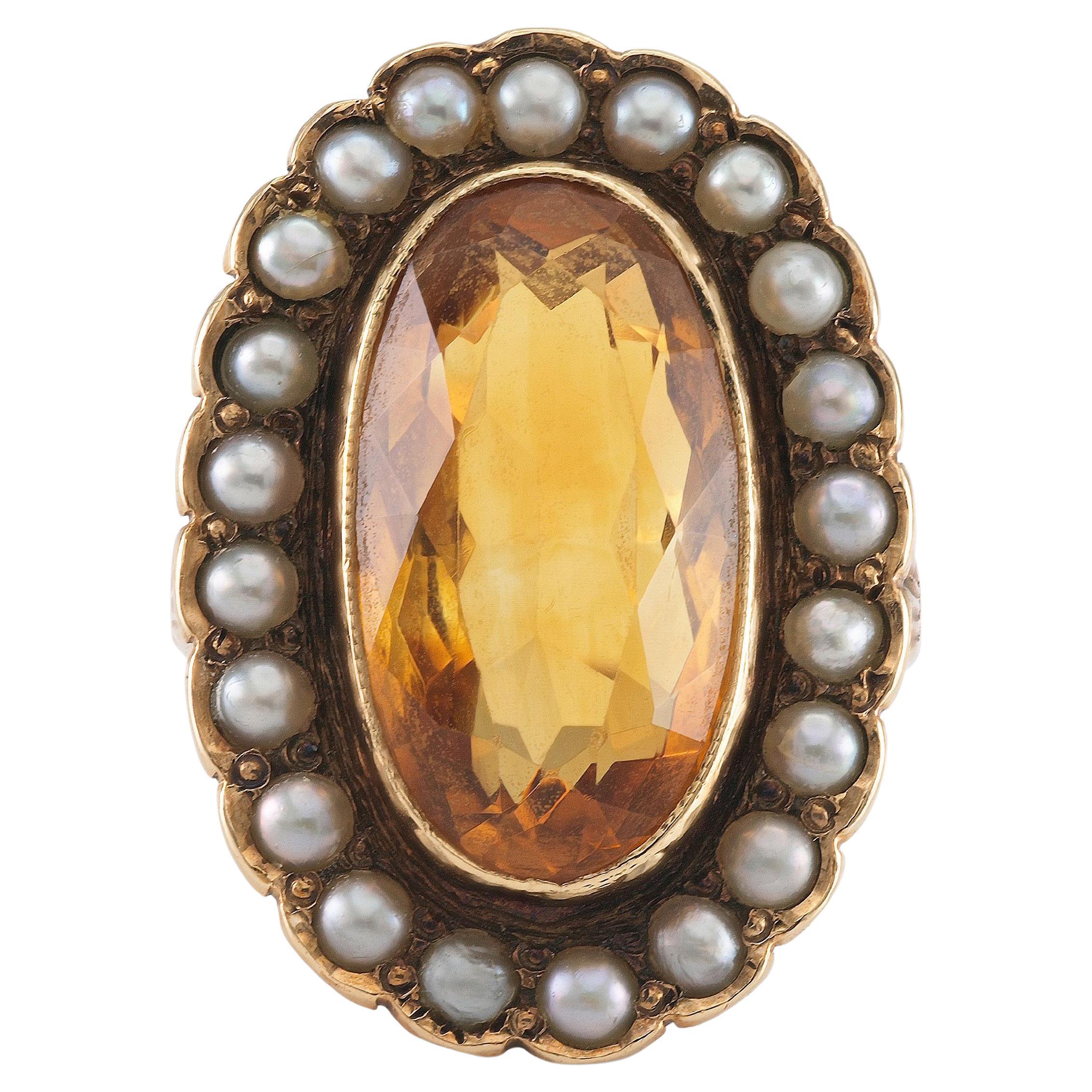 Bague victorienne ancienne en citrine avec perles
