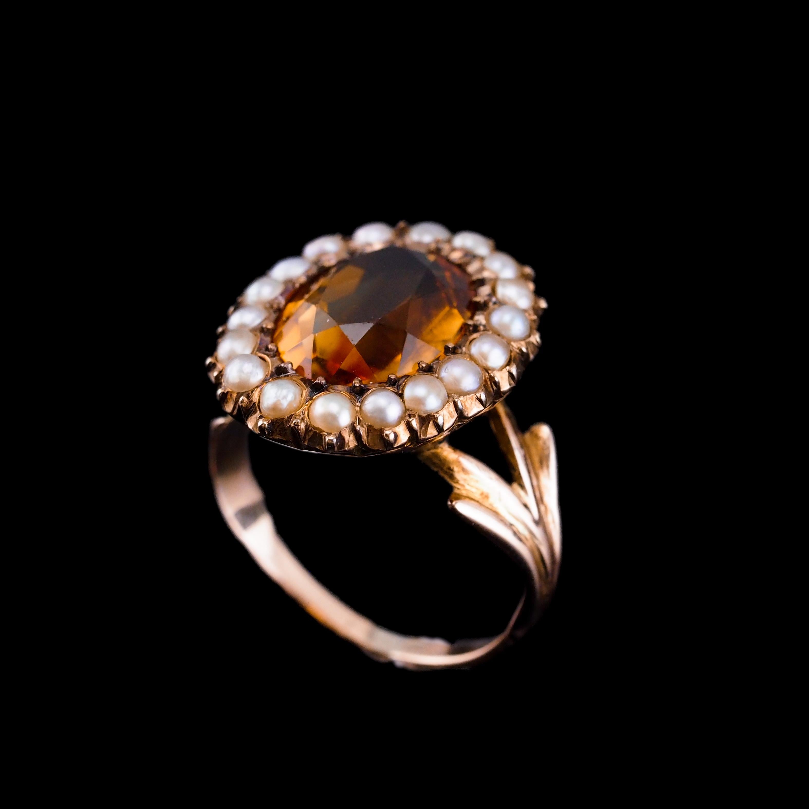 Antique Victorian Citrine & Seed Pearl Cluster Ring 9K Gold - c.1890 For Sale 5