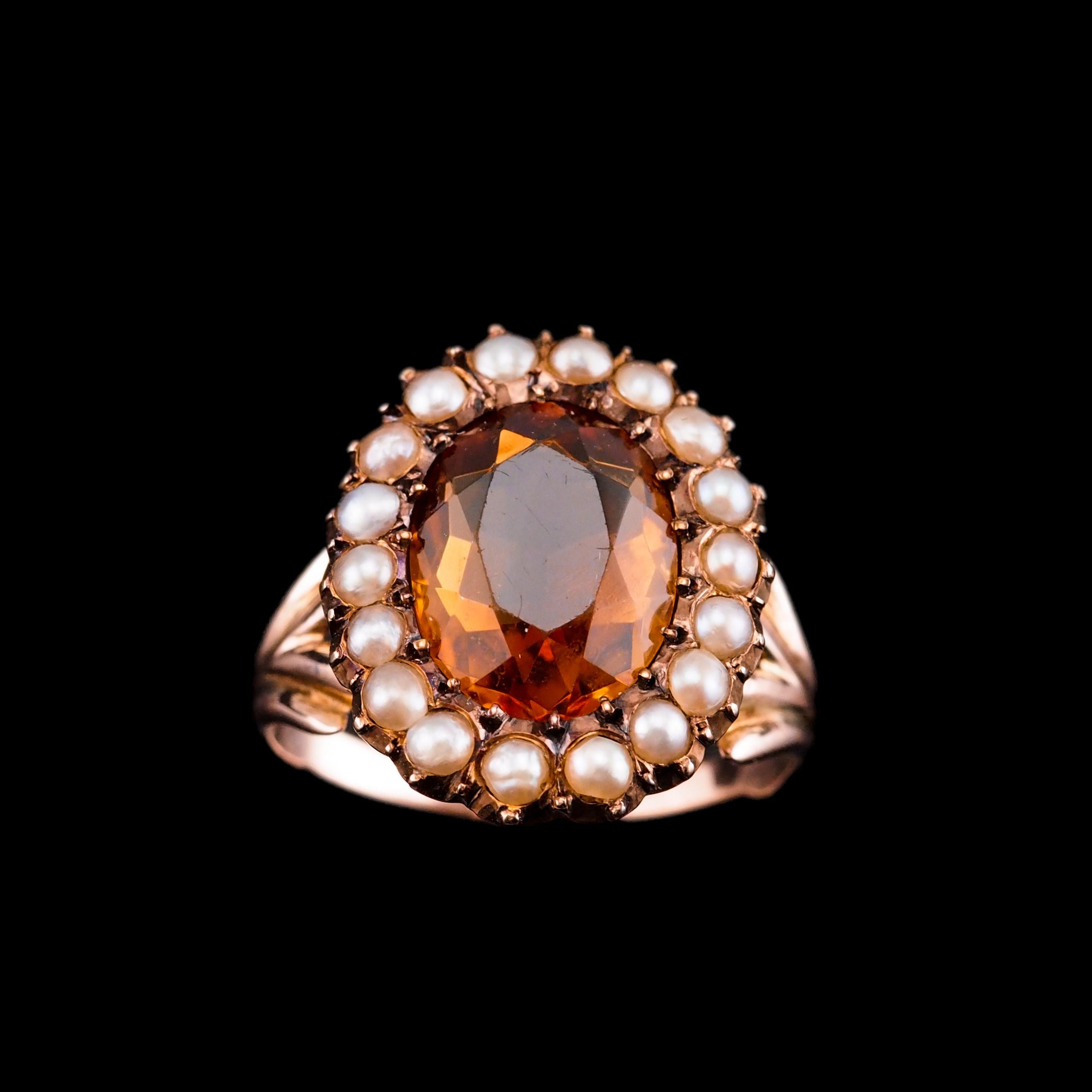 Antique Victorian Citrine & Seed Pearl Cluster Ring 9K Gold - c.1890 For Sale 6
