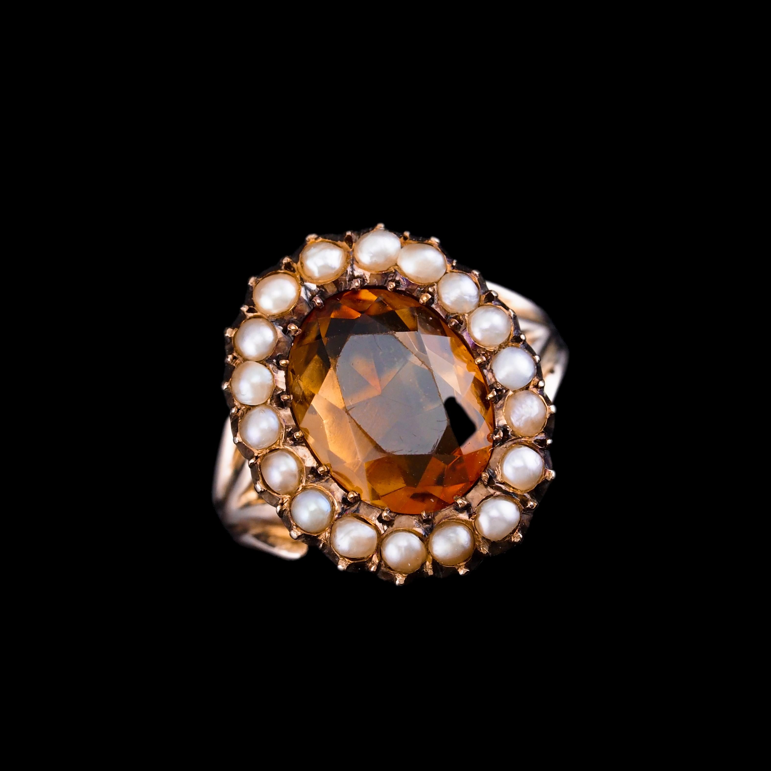 Antique Victorian Citrine & Seed Pearl Cluster Ring 9K Gold - c.1890 For Sale 7