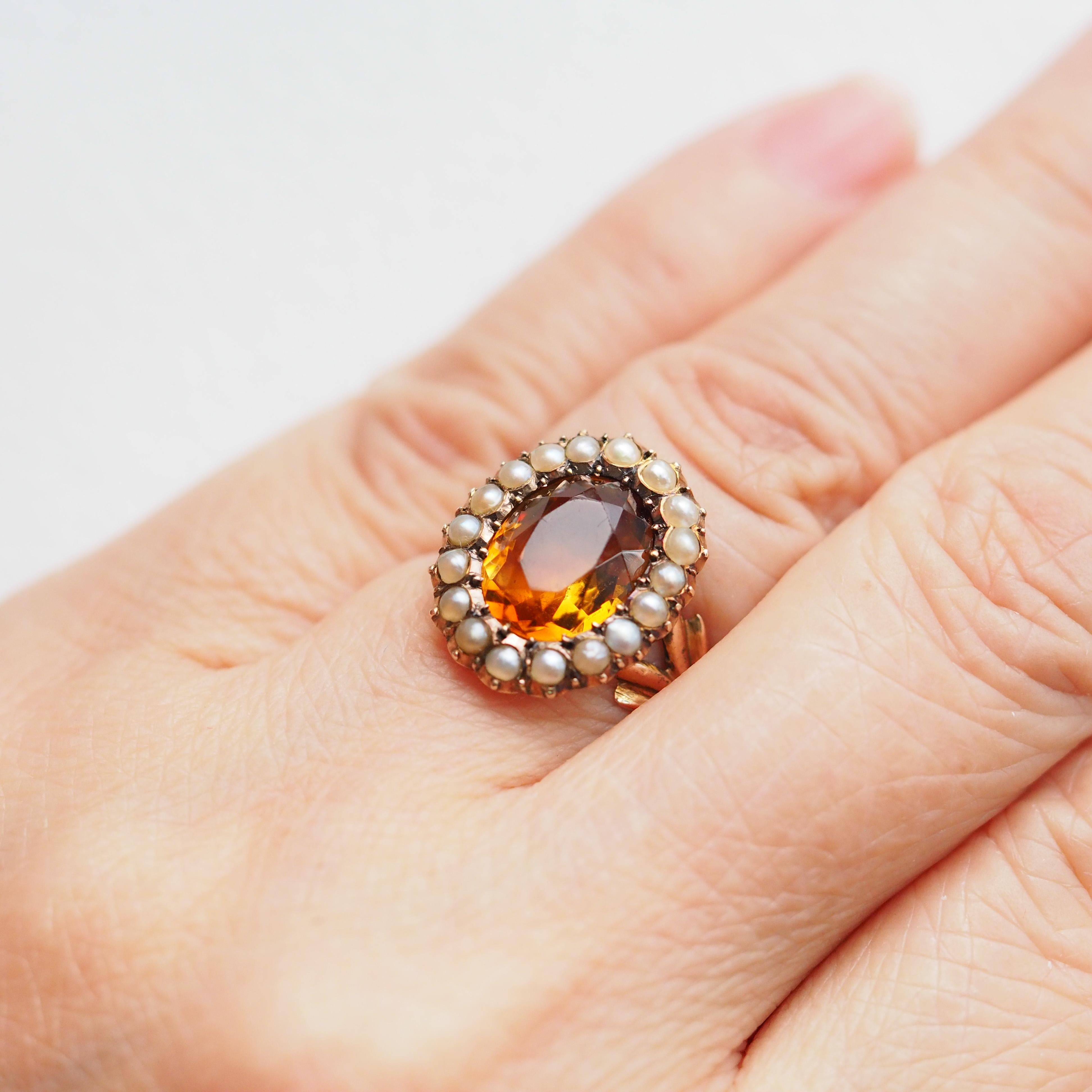 Oval Cut Antique Victorian Citrine & Seed Pearl Cluster Ring 9K Gold - c.1890 For Sale