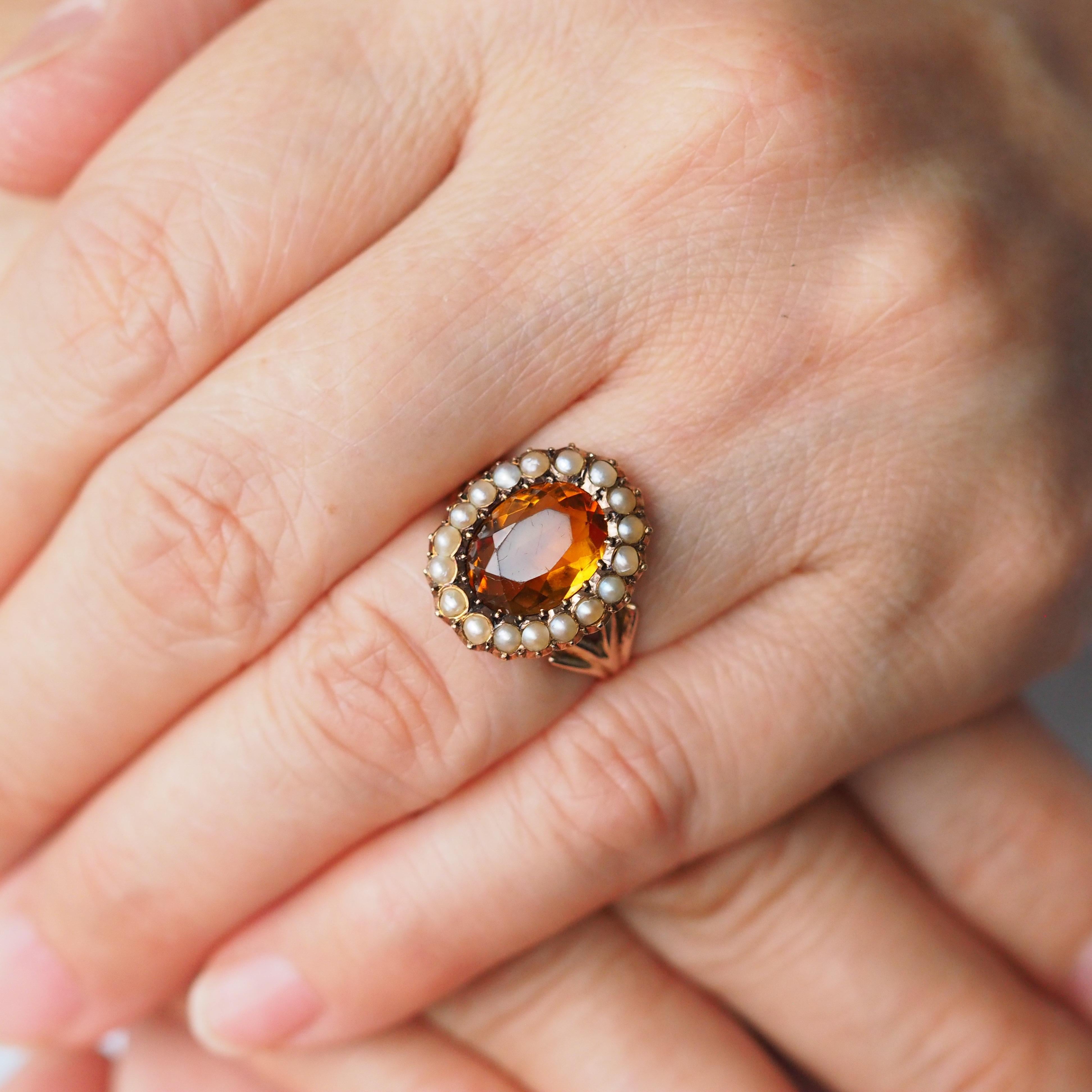 Women's or Men's Antique Victorian Citrine & Seed Pearl Cluster Ring 9K Gold - c.1890 For Sale