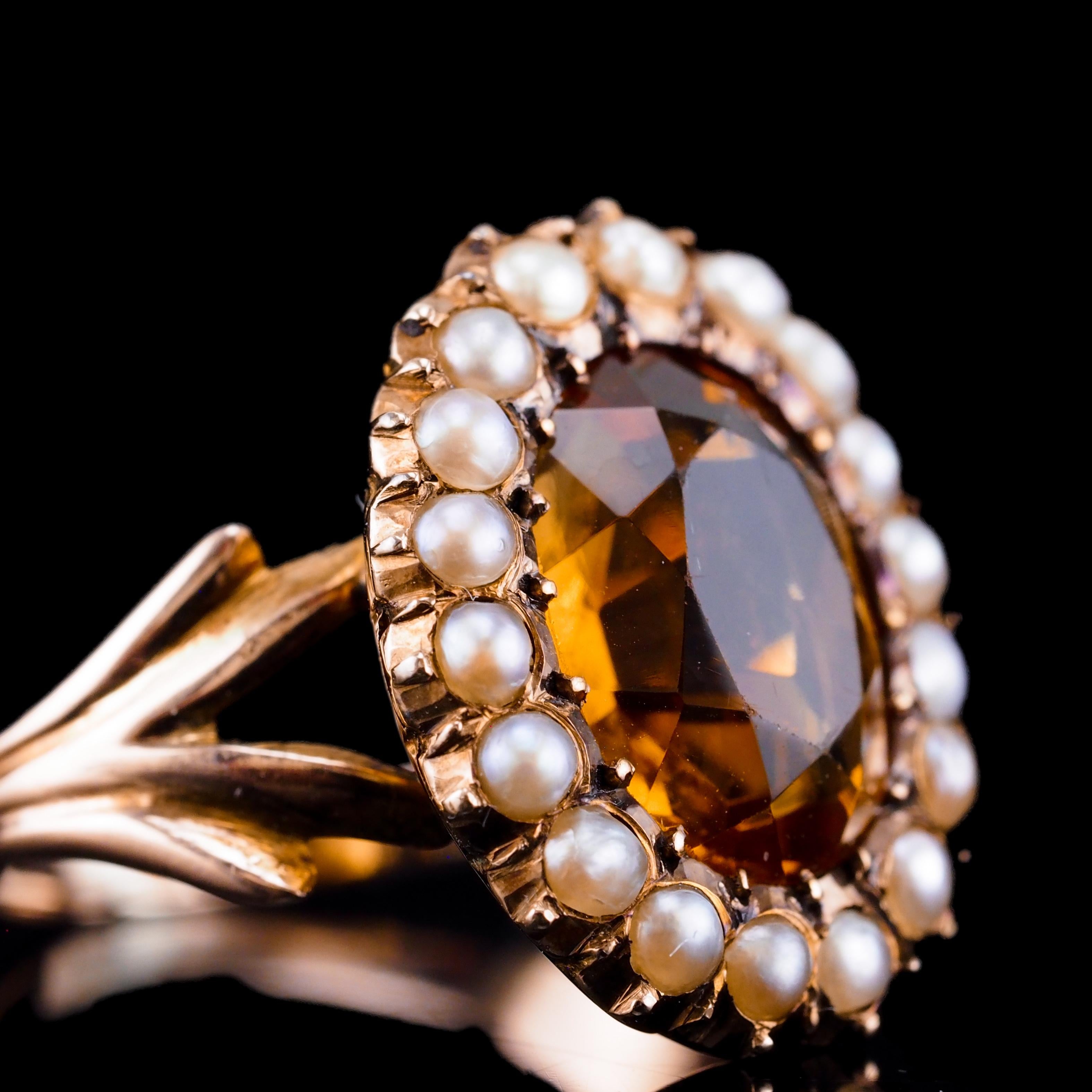 Antique Victorian Citrine & Seed Pearl Cluster Ring 9K Gold - c.1890 For Sale 2