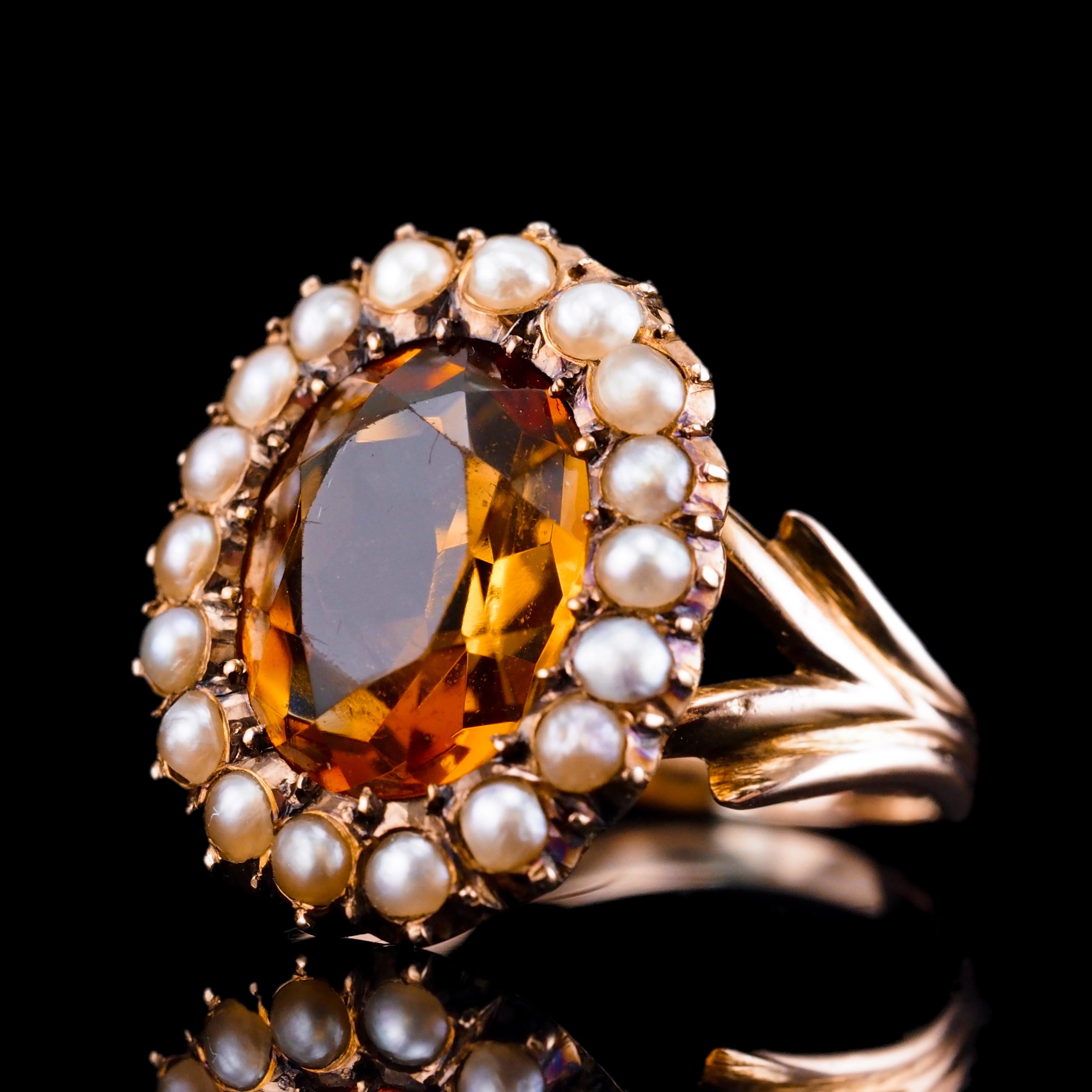 Antique Victorian Citrine & Seed Pearl Cluster Ring 9K Gold - c.1890 For Sale 3