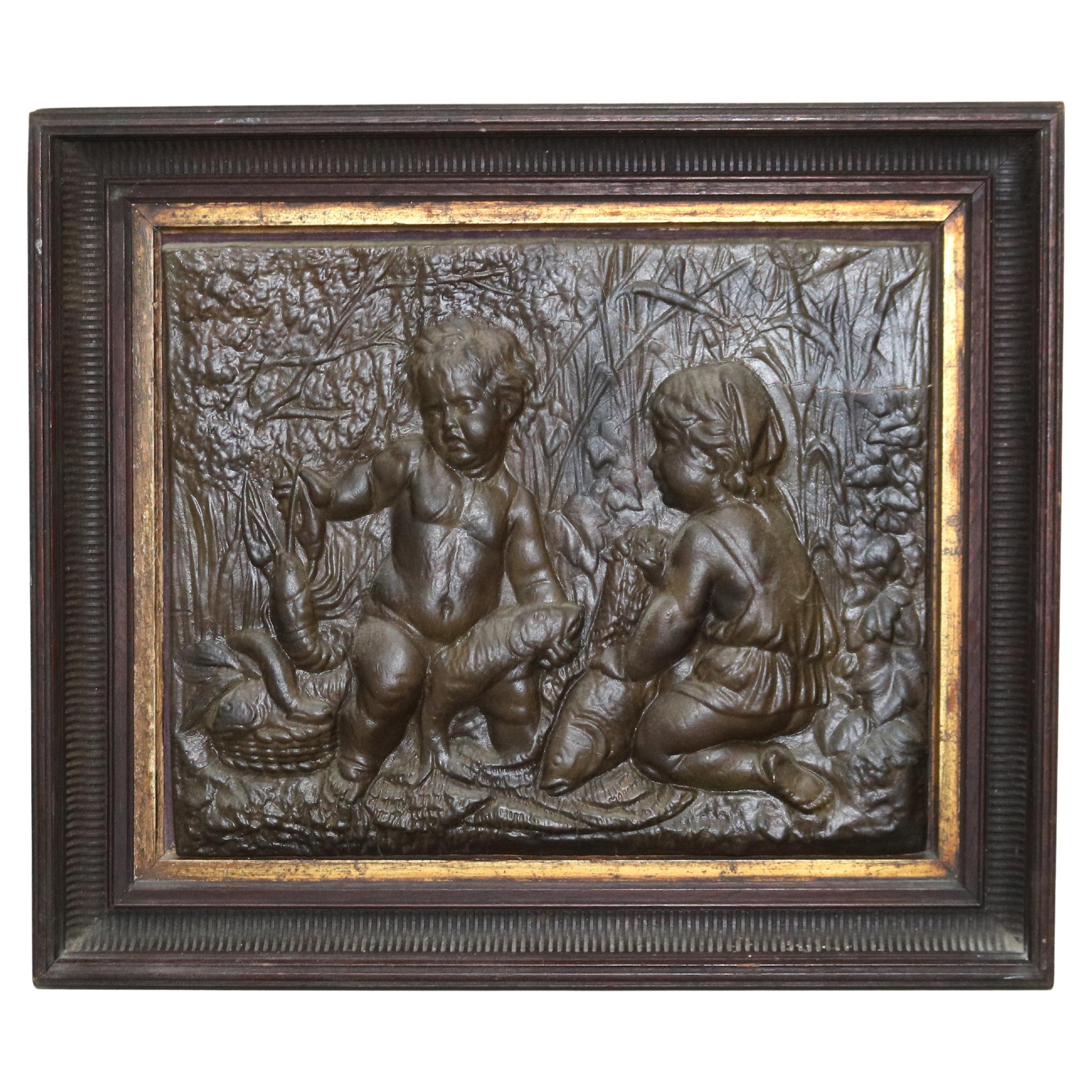 Antique Victorian Classical Bronzed High Relief Plaque with Genre Scene C1890