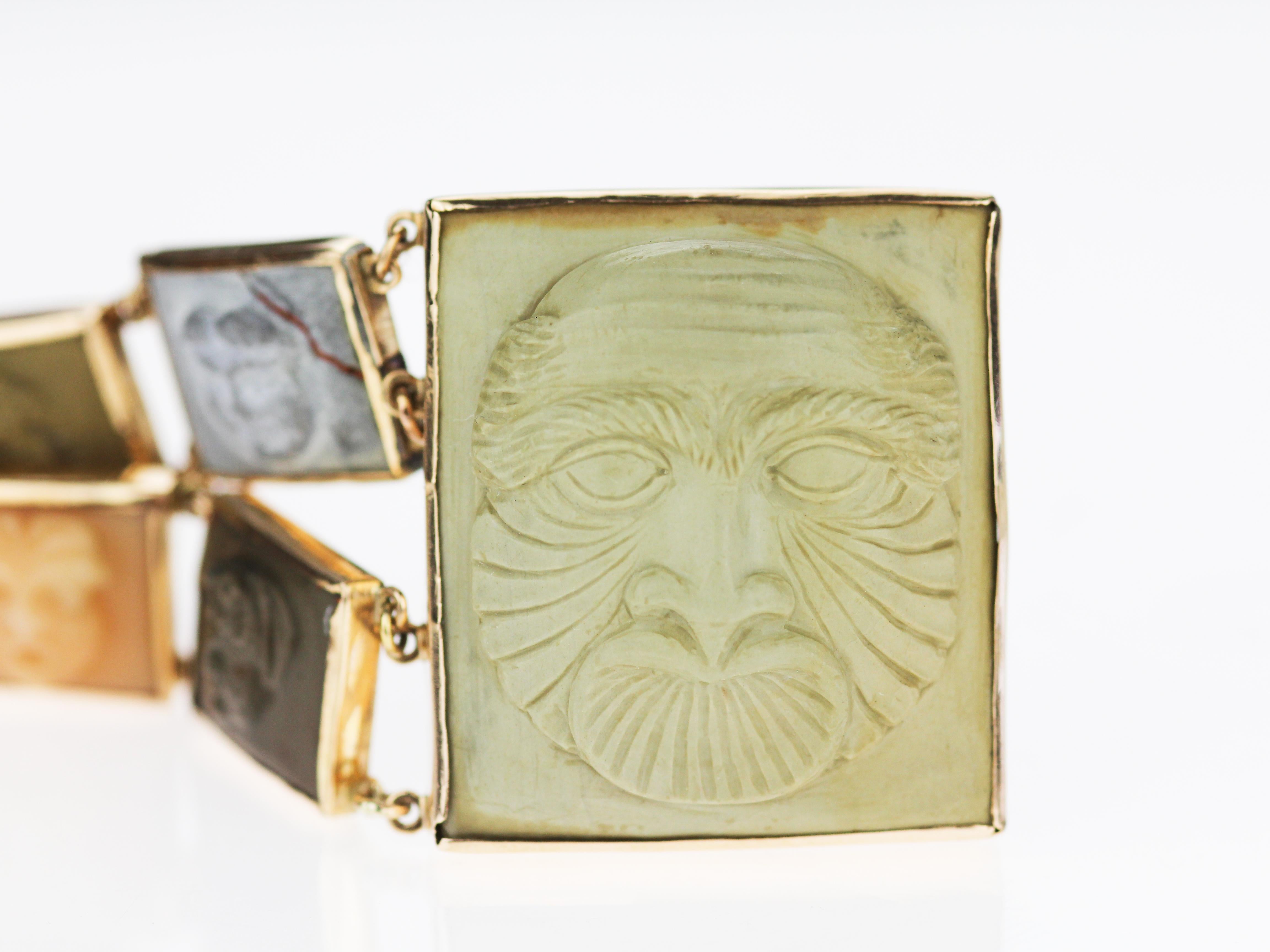 Antique Victorian Classical Theatre Masks Lava Cameo Bracelet in 15 Karat Gold In Fair Condition In London, GB