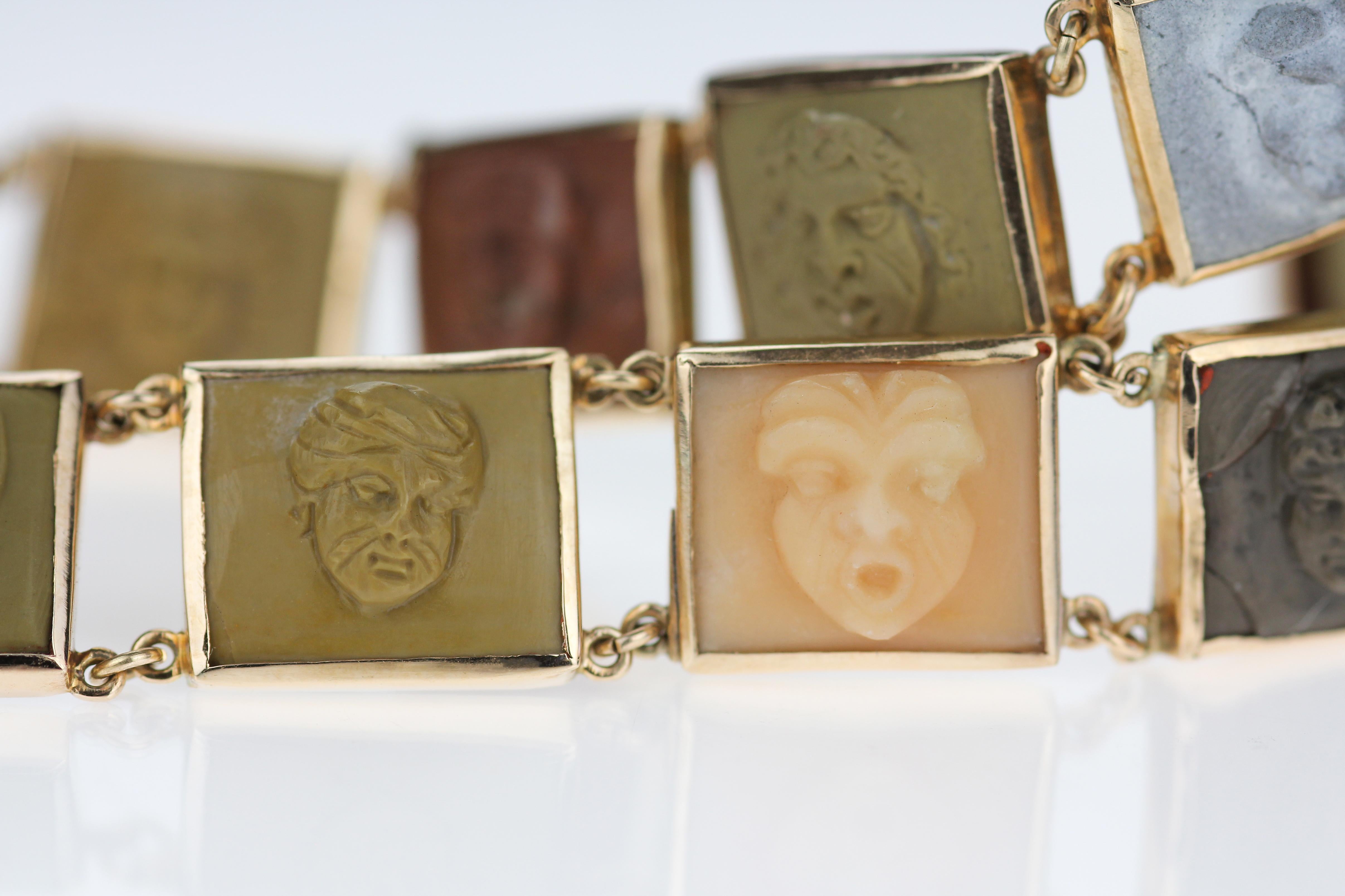 Women's or Men's Antique Victorian Classical Theatre Masks Lava Cameo Bracelet in 15 Karat Gold