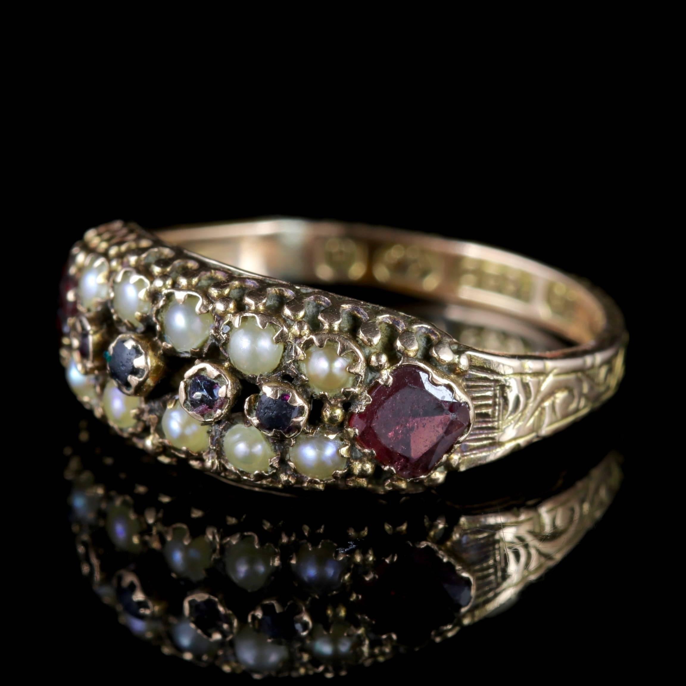 To read more please click continue reading below-

This stunning 15ct Gold antique Garnet and Pearl Cluster ring is Victorian Circa 1900. 

The ring is set with rich Almandine Garnet’s and creamy Pearls in an 15ct Yellow Gold Victorian gallery.