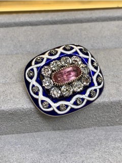 Antique Victorian Cobalt Enamel Old Mine Cut Diamond Tourmaline Brooch