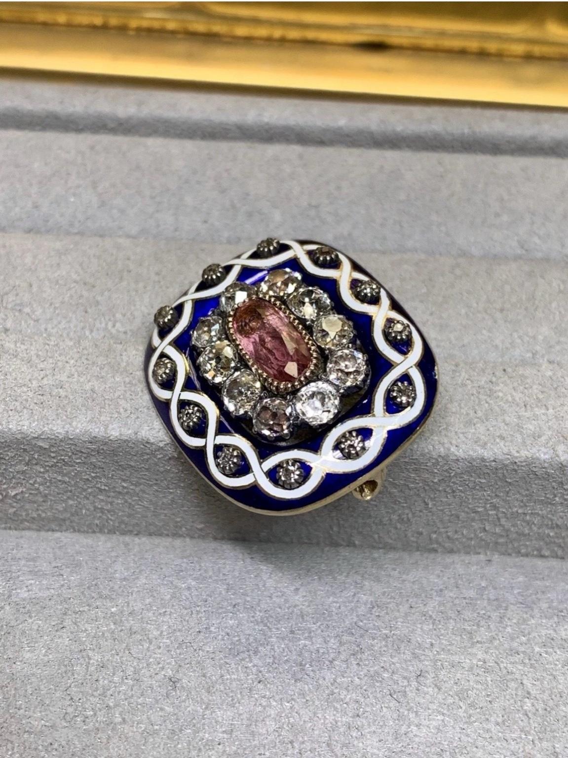 Antike viktorianische Kobalt-Emaille Alte Mine Cut Diamant Turmalin Brosche (Spätviktorianisch) im Angebot