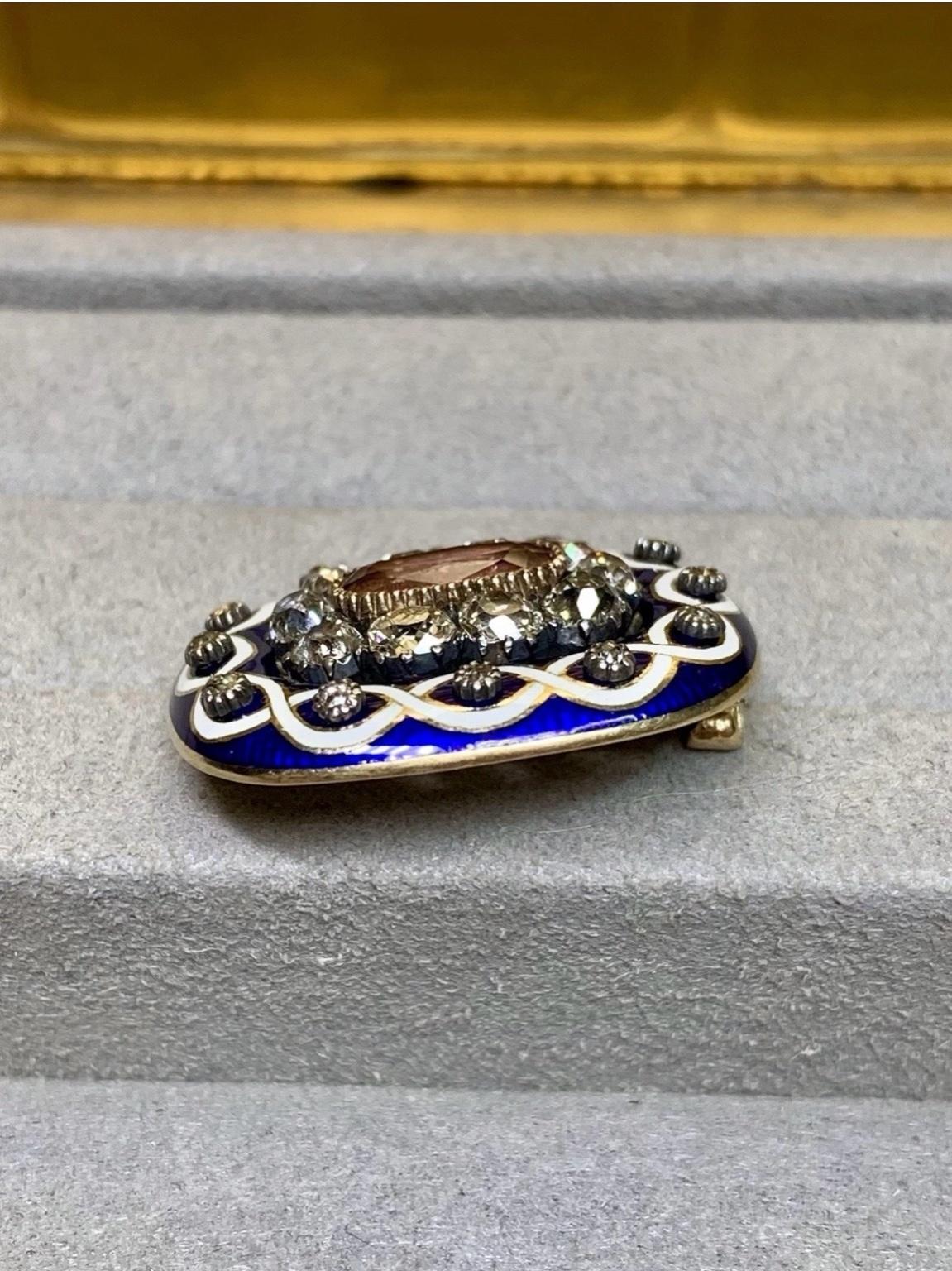 Antike viktorianische Kobalt-Emaille Alte Mine Cut Diamant Turmalin Brosche (Alteuropäischer Brillantschliff) im Angebot