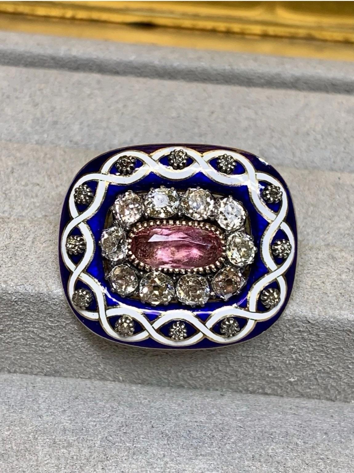 Antike viktorianische Kobalt-Emaille Alte Mine Cut Diamant Turmalin Brosche im Zustand „Gut“ im Angebot in Winter Springs, FL