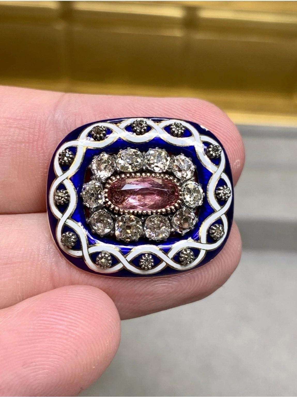 Antike viktorianische Kobalt-Emaille Alte Mine Cut Diamant Turmalin Brosche im Angebot 1