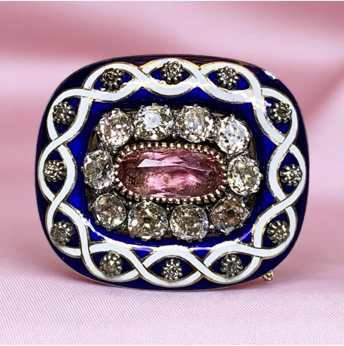 Antike viktorianische Kobalt-Emaille Alte Mine Cut Diamant Turmalin Brosche im Angebot 2