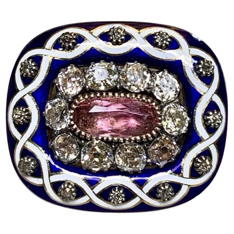 Antike viktorianische Kobalt-Emaille Alte Mine Cut Diamant Turmalin Brosche im Angebot