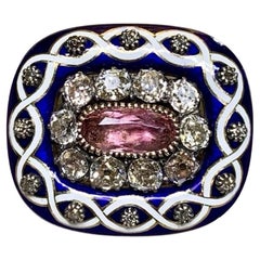 Antica spilla vittoriana in smalto di cobalto con diamanti taglio miniera e tormalina