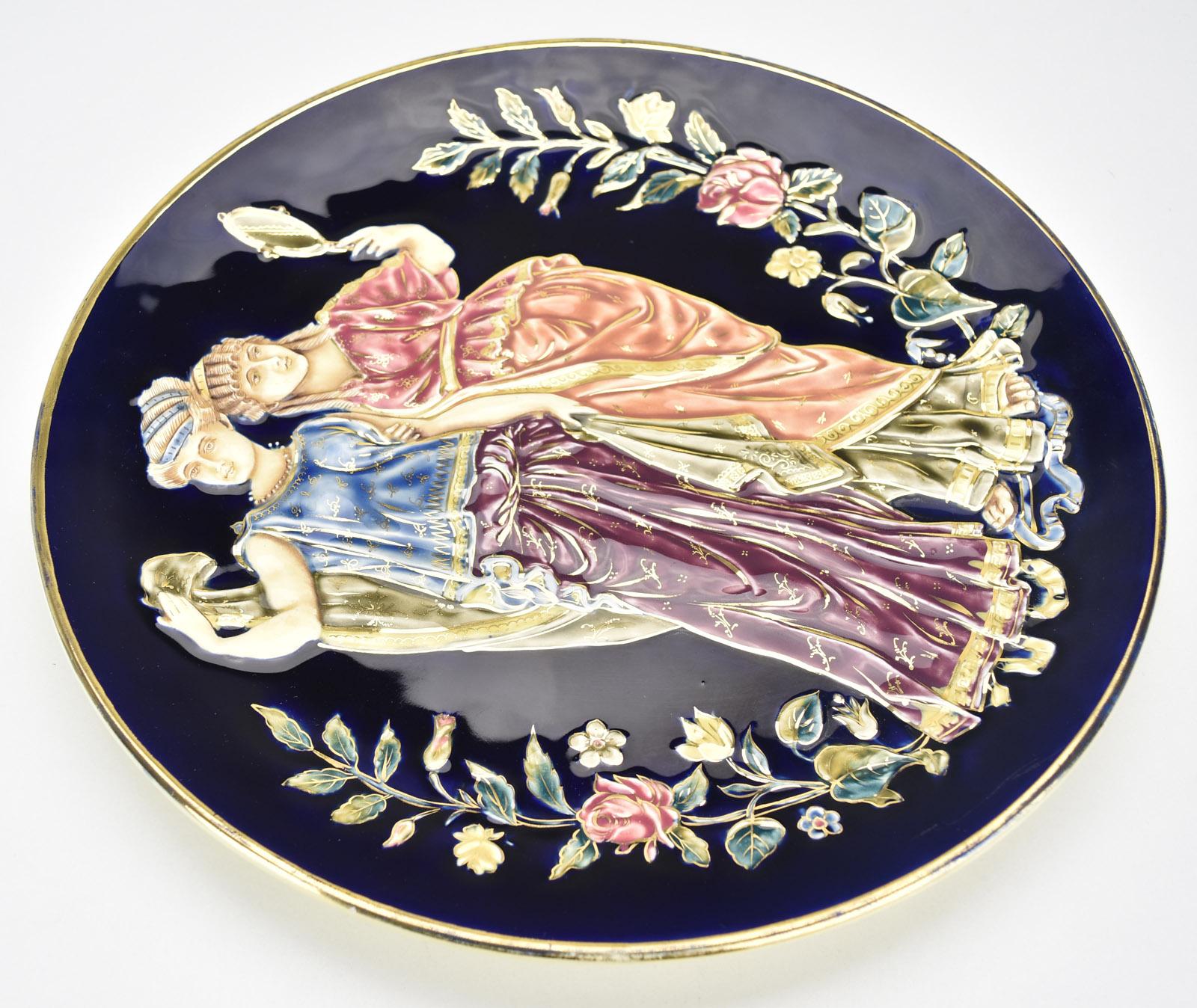Greek Revival Antique Victorian Cobalt Majolica Plate of Greek Goddesses Barbotine Revival For Sale