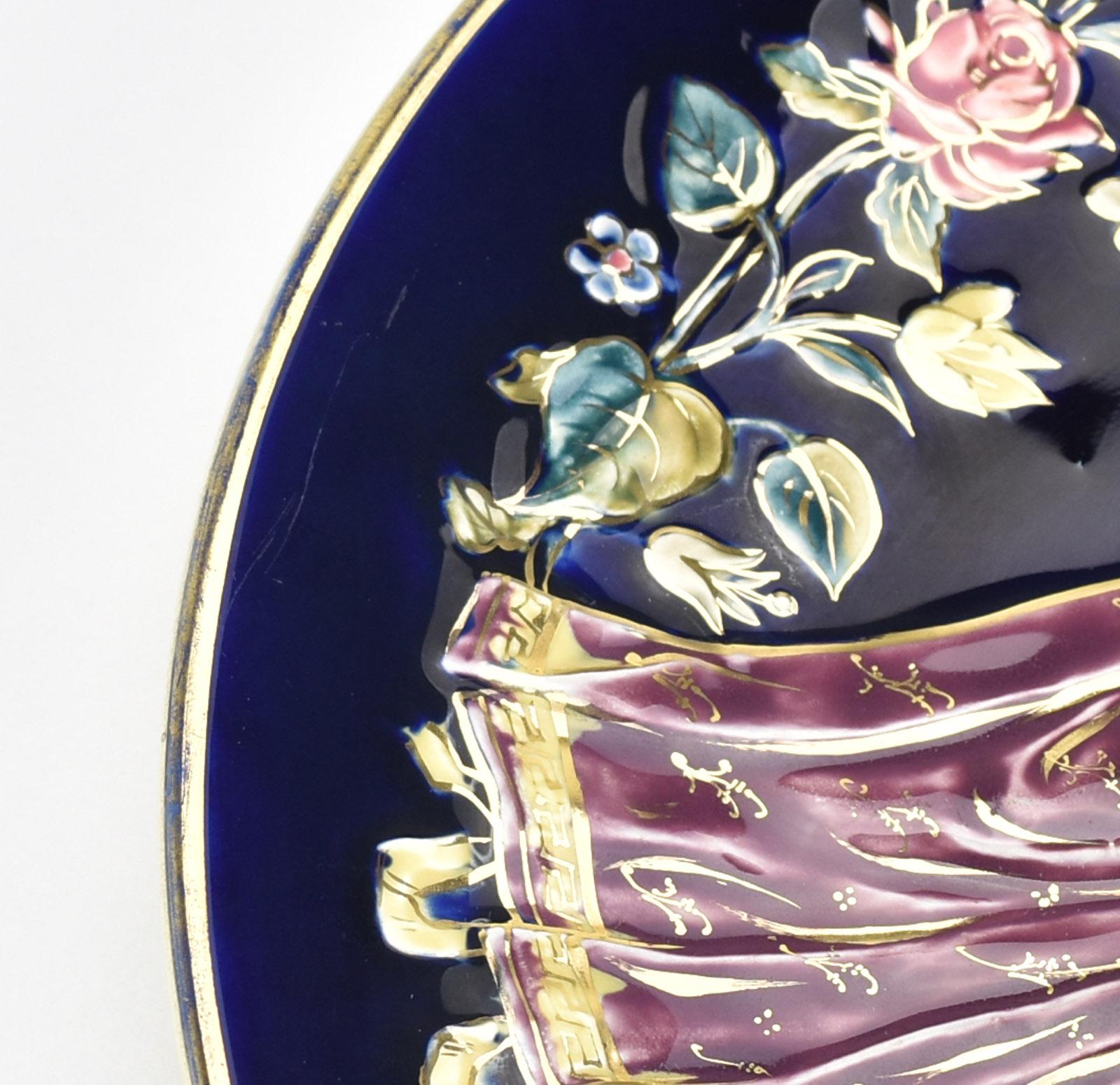 German Antique Victorian Cobalt Majolica Plate of Greek Goddesses Barbotine Revival For Sale